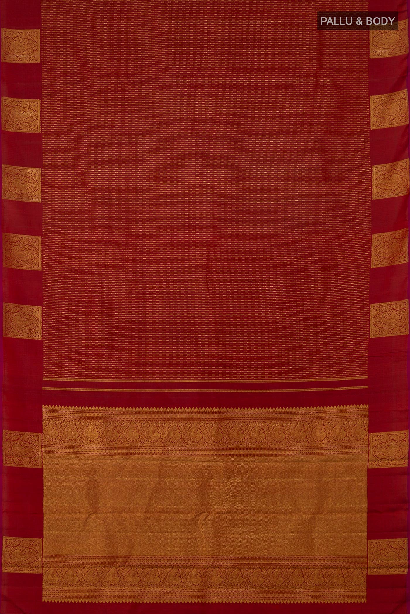 Flat view of Maroon Kanjivaram Saree with Stripes on the body and Fancy Border. 