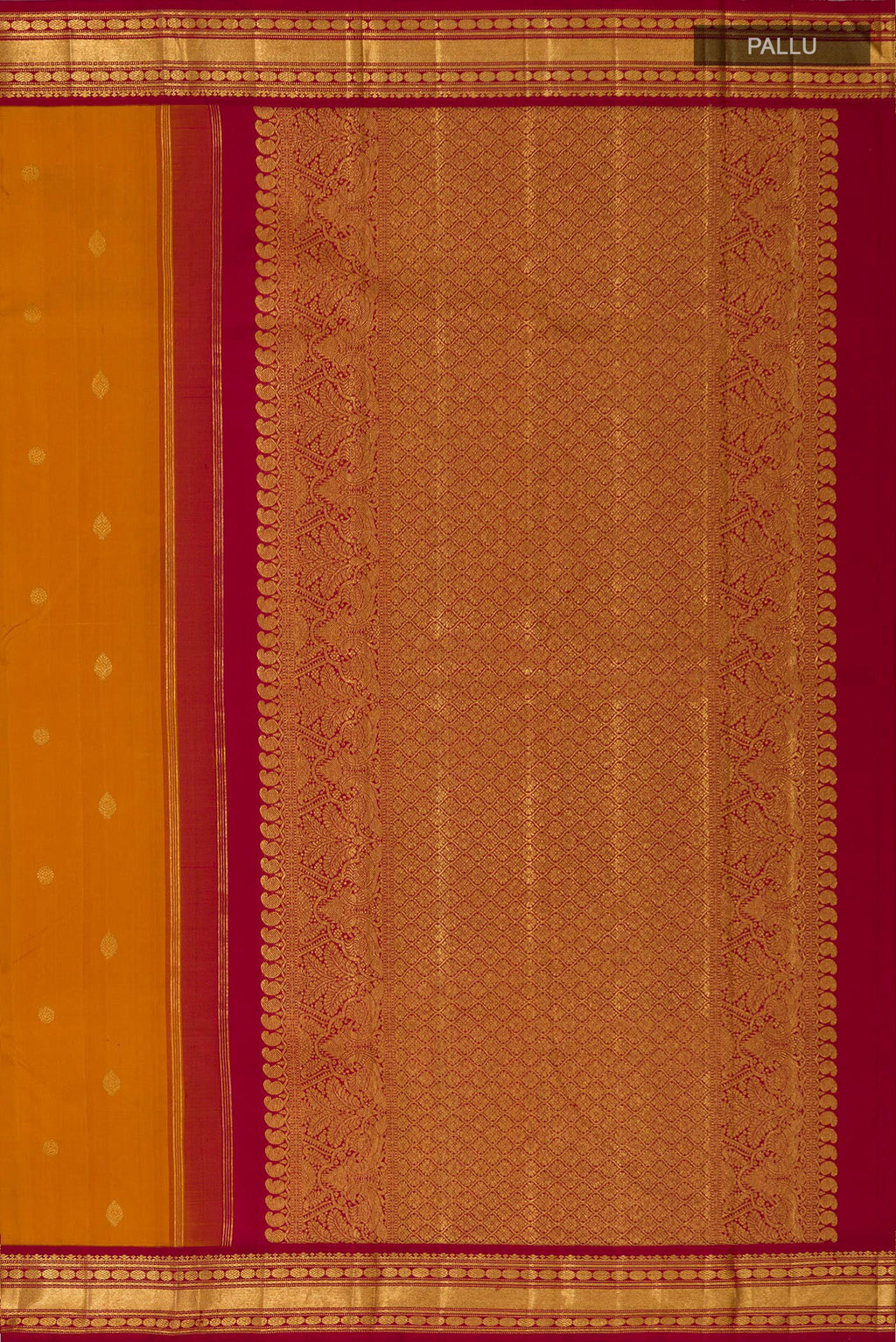 Close up image of the pallu of Pure Silk Pure Zari Yellow Kanchipuram Saree with Zari Butta on the body and Zari Border. 