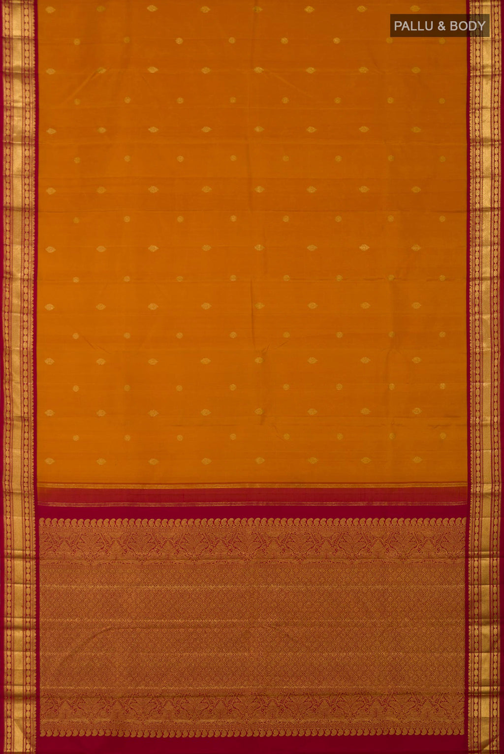 Flat view of Pure Silk Pure Zari Yellow Kanchipuram Saree with Zari Butta on the body and Zari Border. 