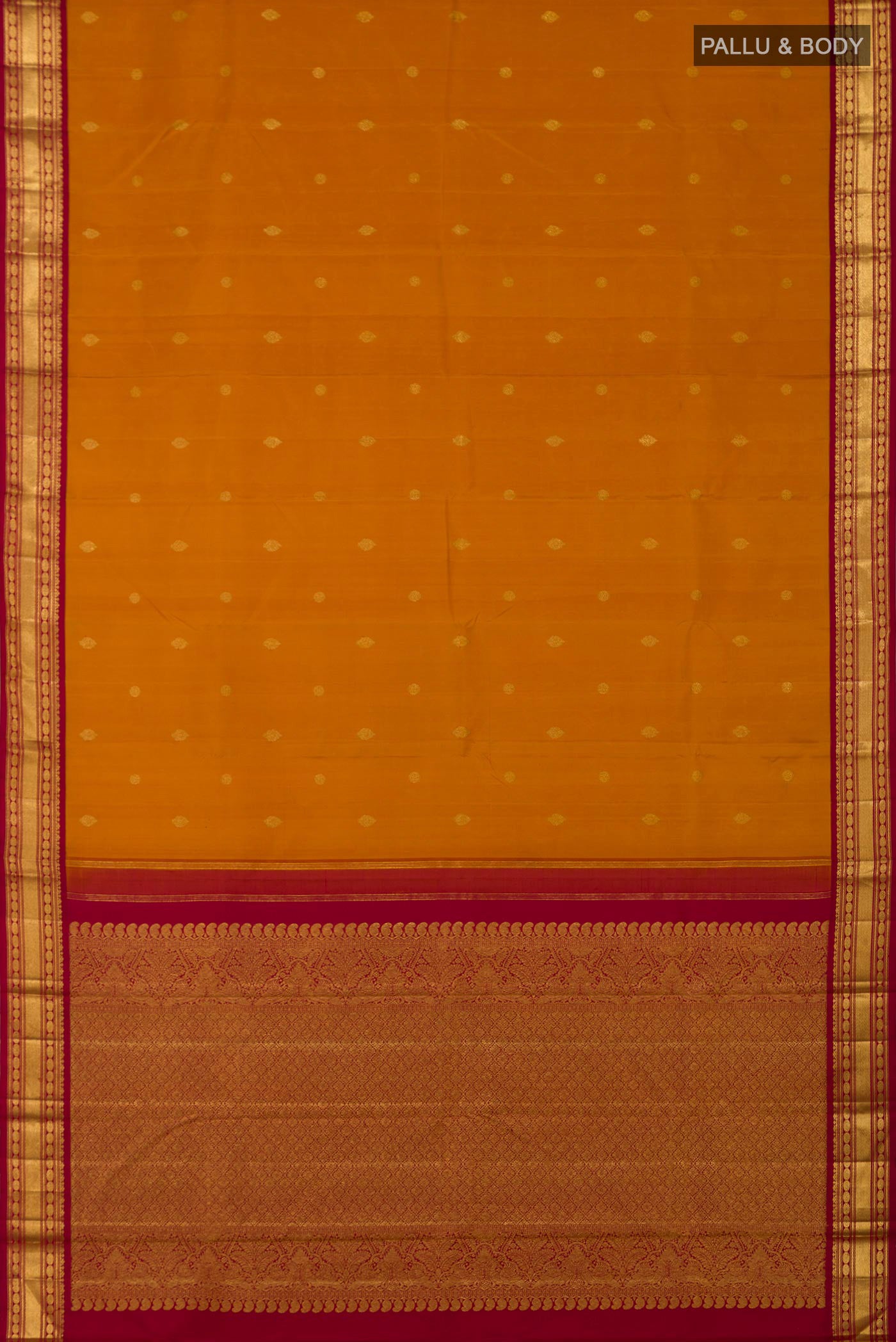 Flat view of Pure Silk Pure Zari Yellow Kanchipuram Saree with Zari Butta on the body and Zari Border. 