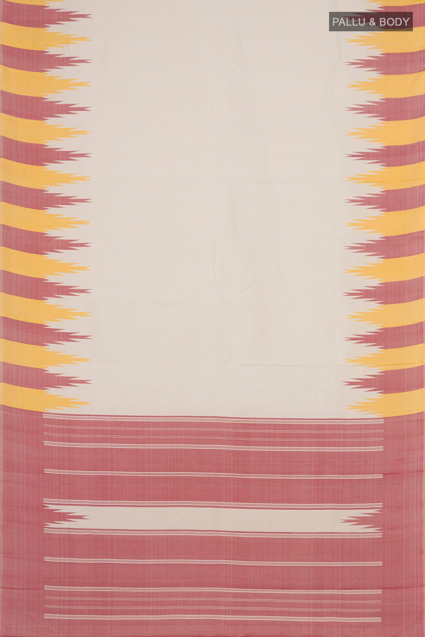 Flat view of Off White Kanchipuram Silk Saree with Plain Body and Temple Border. 