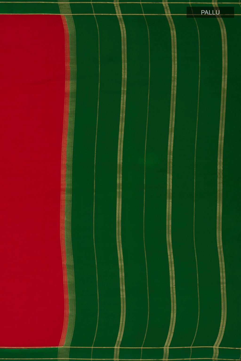 Close up image of the pallu of Pure Silk Pure Zari Red Mysore Silk Saree with Plain Body and Thin Zari Line. 