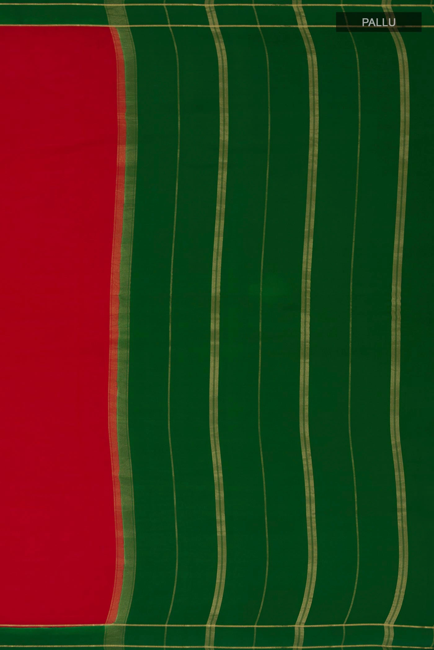 Close up image of the pallu of Pure Silk Pure Zari Red Mysore Silk Saree with Plain Body and Thin Zari Line. 