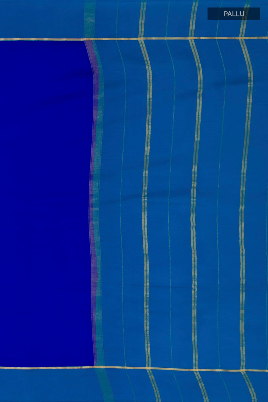 Close up image of the pallu of Pure Silk Pure Zari Dark Blue Mysore Silk Saree with Plain Body and Thin Zari Line. 