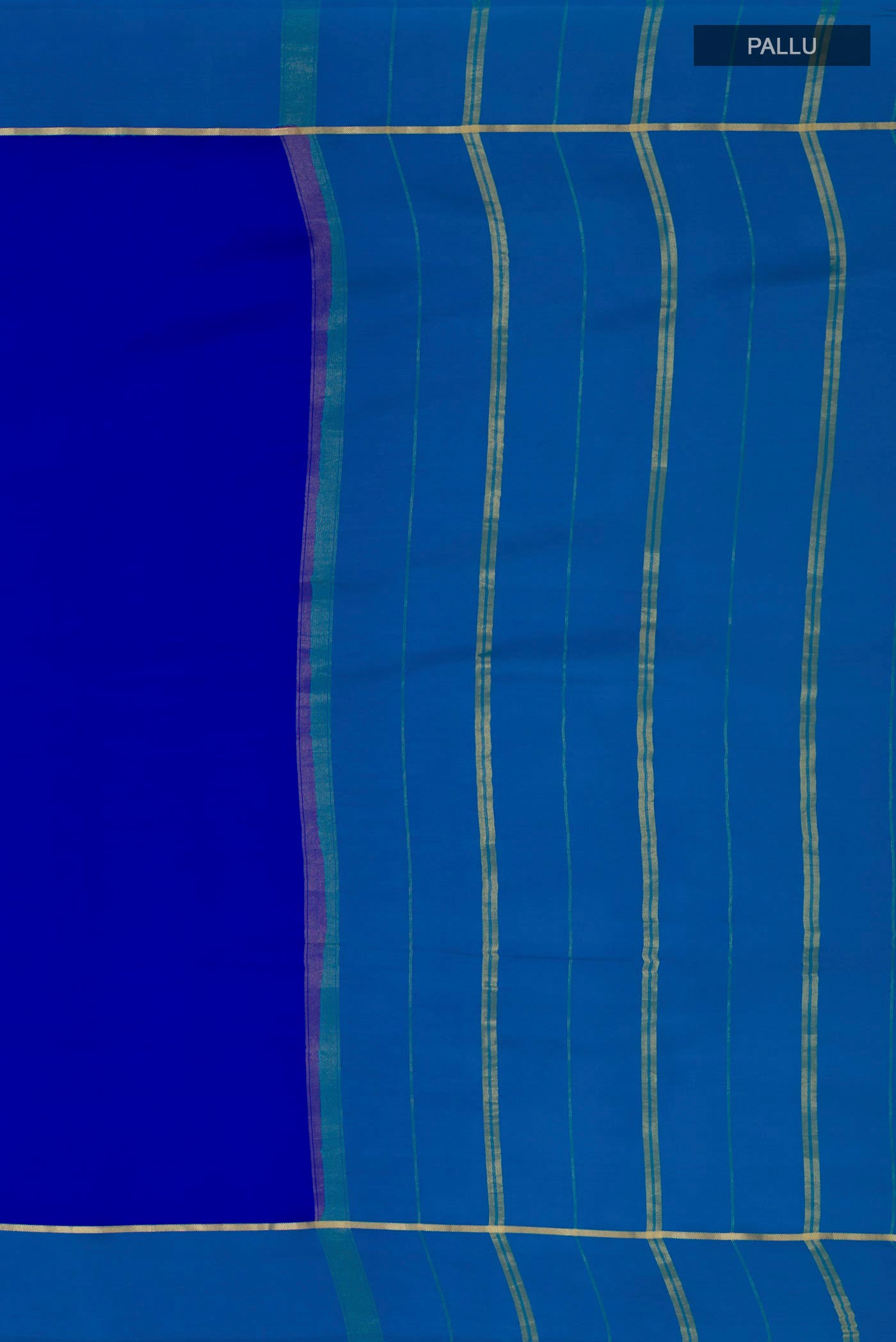 Close up image of the pallu of Pure Silk Pure Zari Dark Blue Mysore Silk Saree with Plain Body and Thin Zari Line. 
