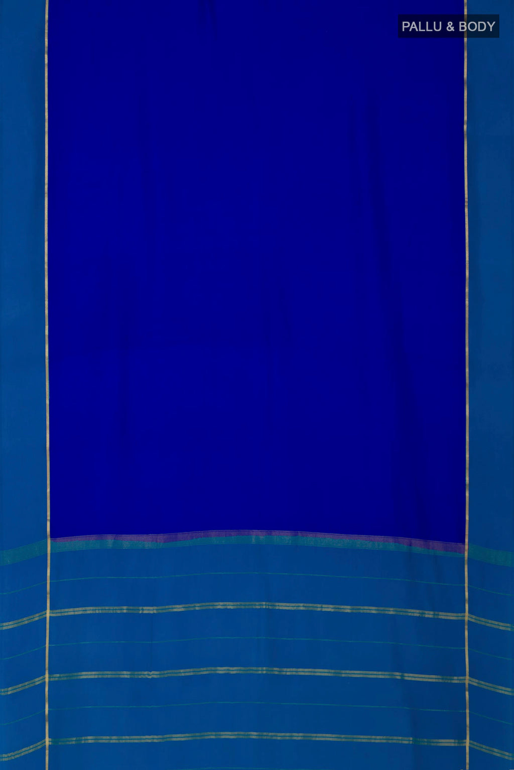 Flat view of Pure Silk Pure Zari Dark Blue Mysore Silk Saree with Plain Body and Thin Zari Line. 