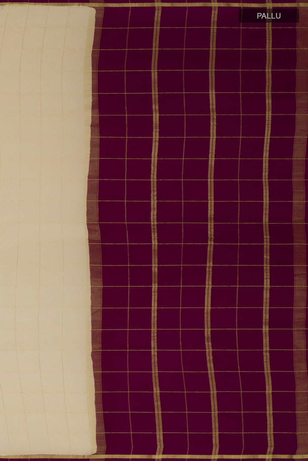 Close up image of the pallu of Pure Silk Pure Zari Cream Mysore Crepe Saree with Checked design on the body and Thin Zari Line. 