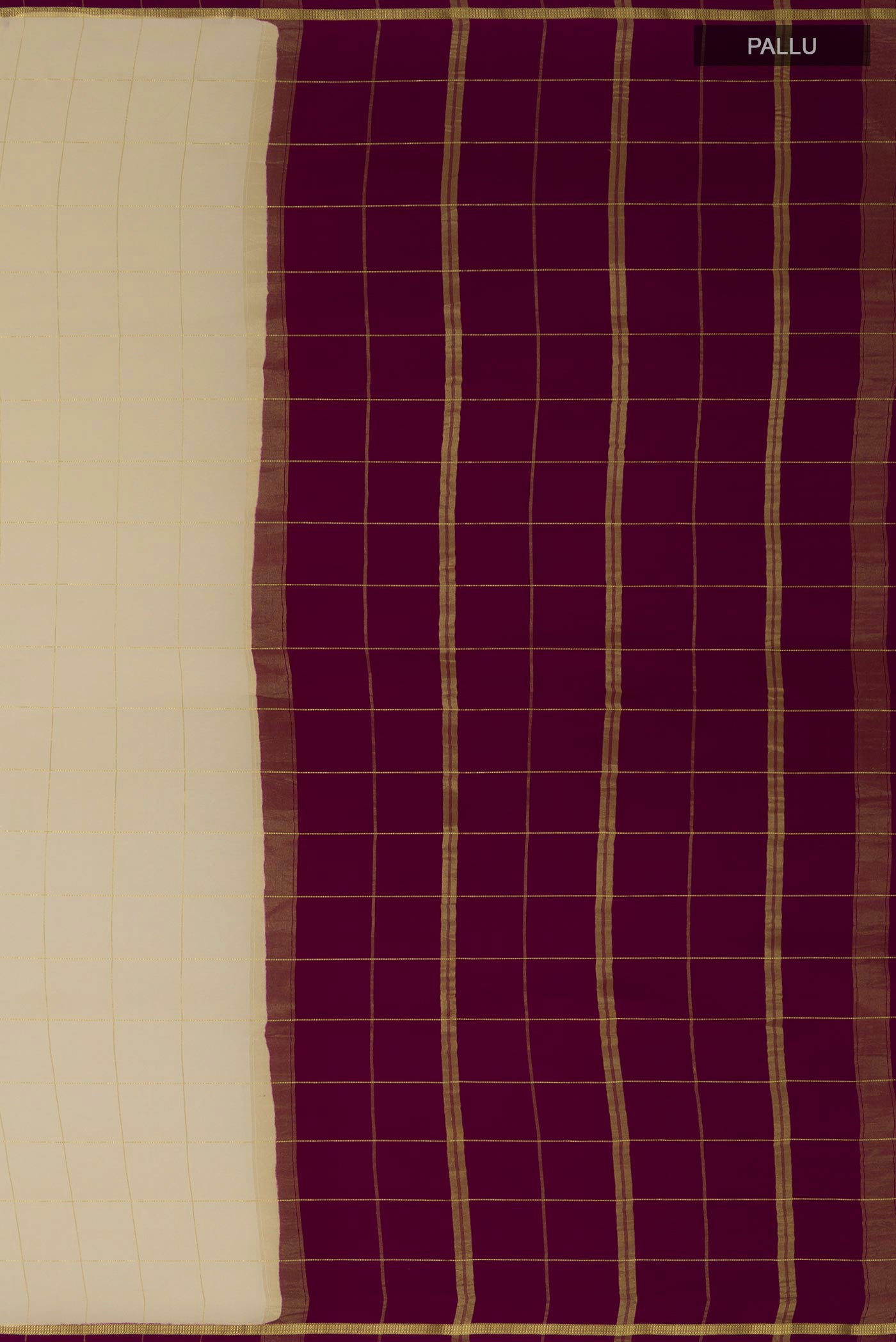 Close up image of the pallu of Pure Silk Pure Zari Cream Mysore Crepe Saree with Checked design on the body and Thin Zari Line. 