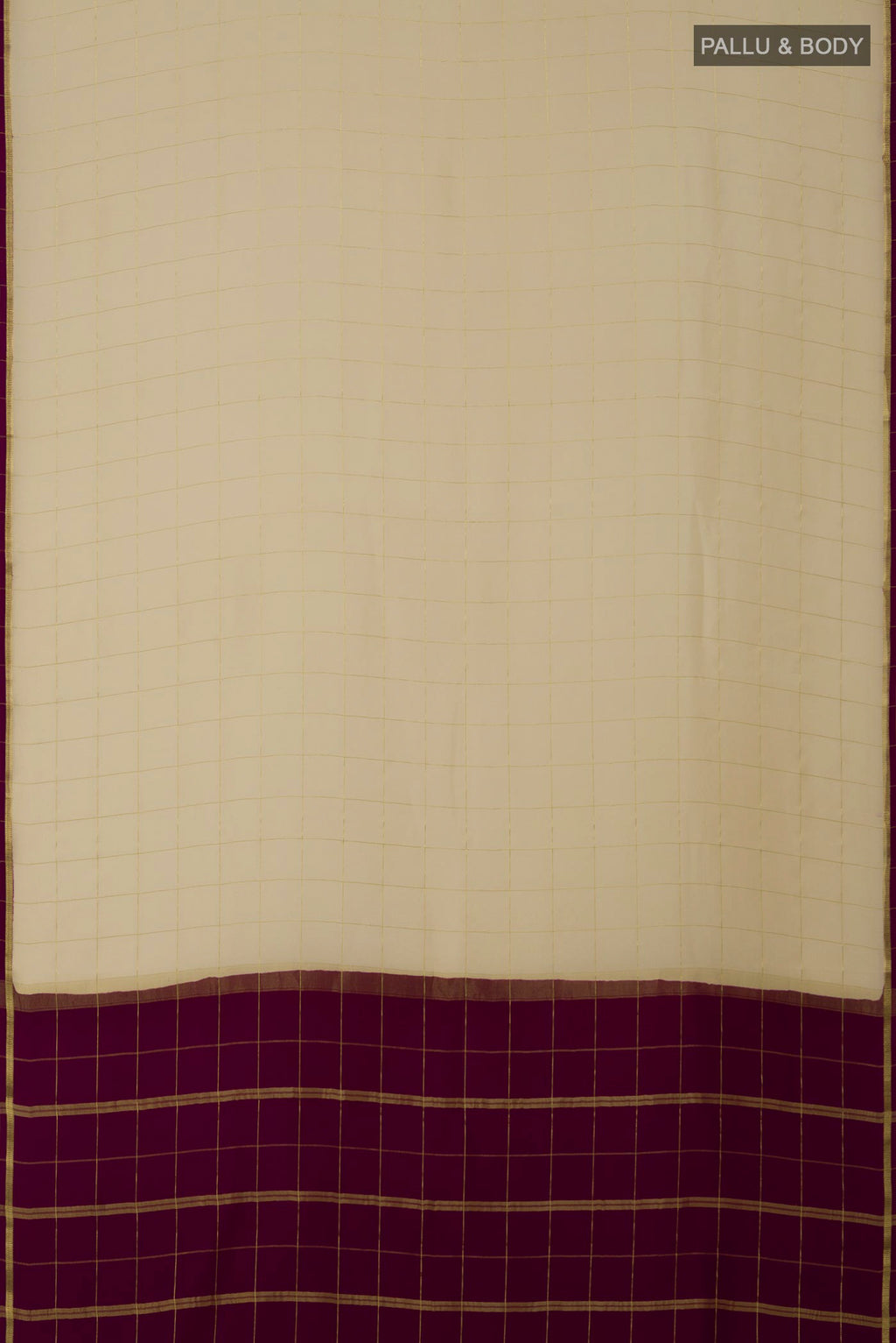 Flat view of Pure Silk Pure Zari Cream Mysore Crepe Saree with Checked design on the body and Thin Zari Line. 