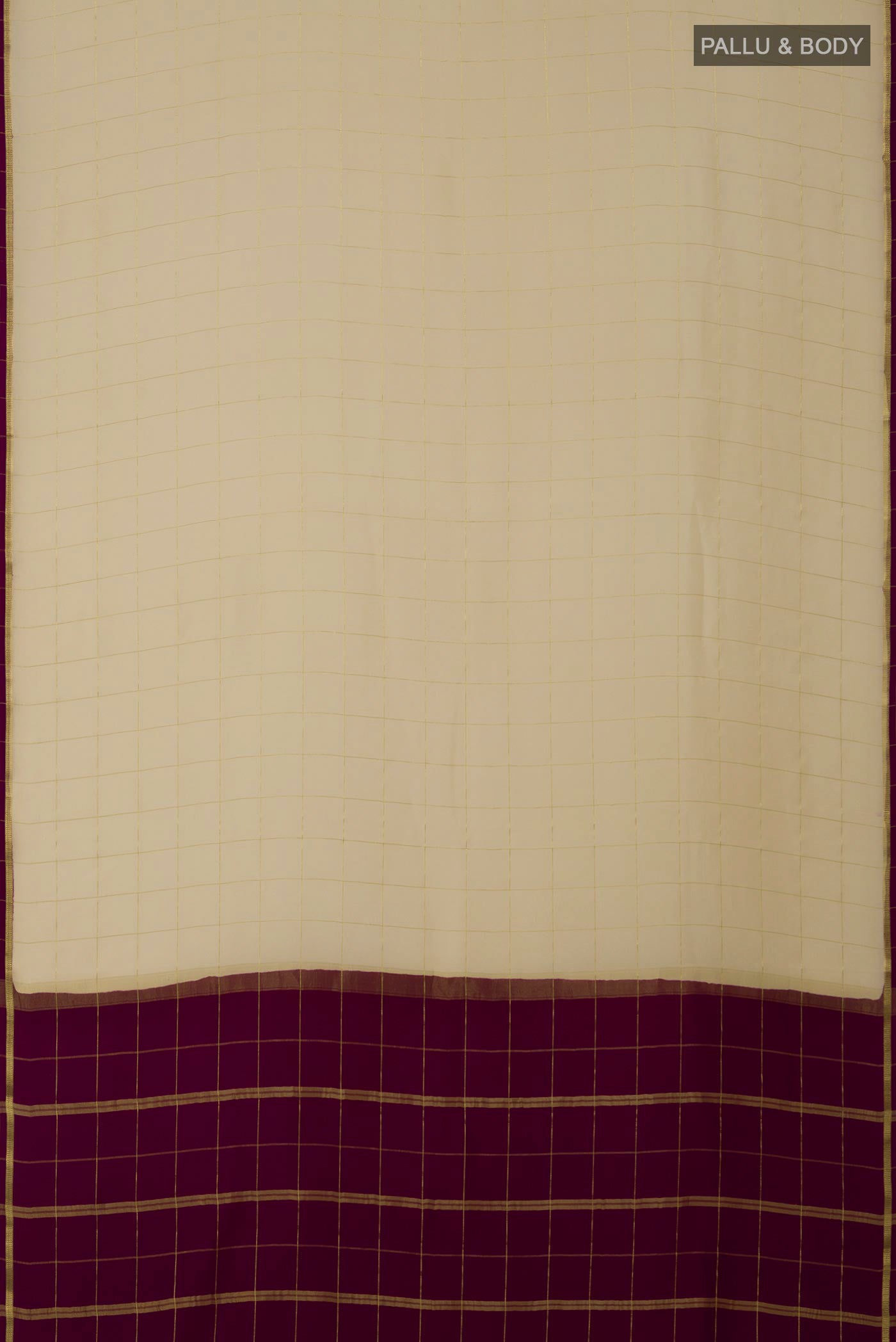 Flat view of Pure Silk Pure Zari Cream Mysore Crepe Saree with Checked design on the body and Thin Zari Line. 