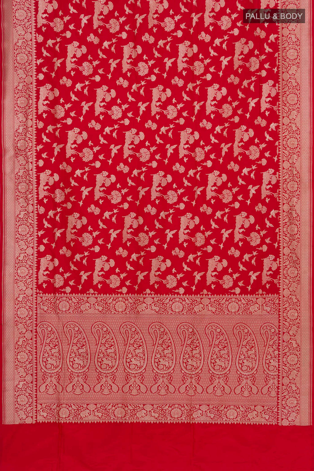 Flat view of Red Banarasi Saree with Zari Brocade on the body and Zari Border. 