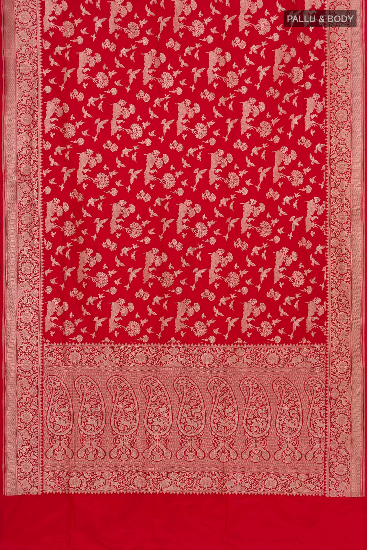 Flat view of Red Banarasi Saree with Zari Brocade on the body and Zari Border. 