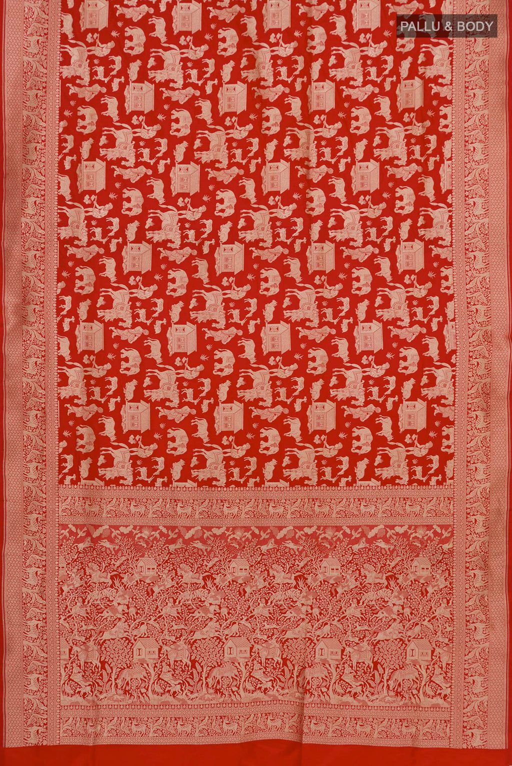 Flat view of Red Banarasi Saree with Zari Brocade on the body and Zari Border. 