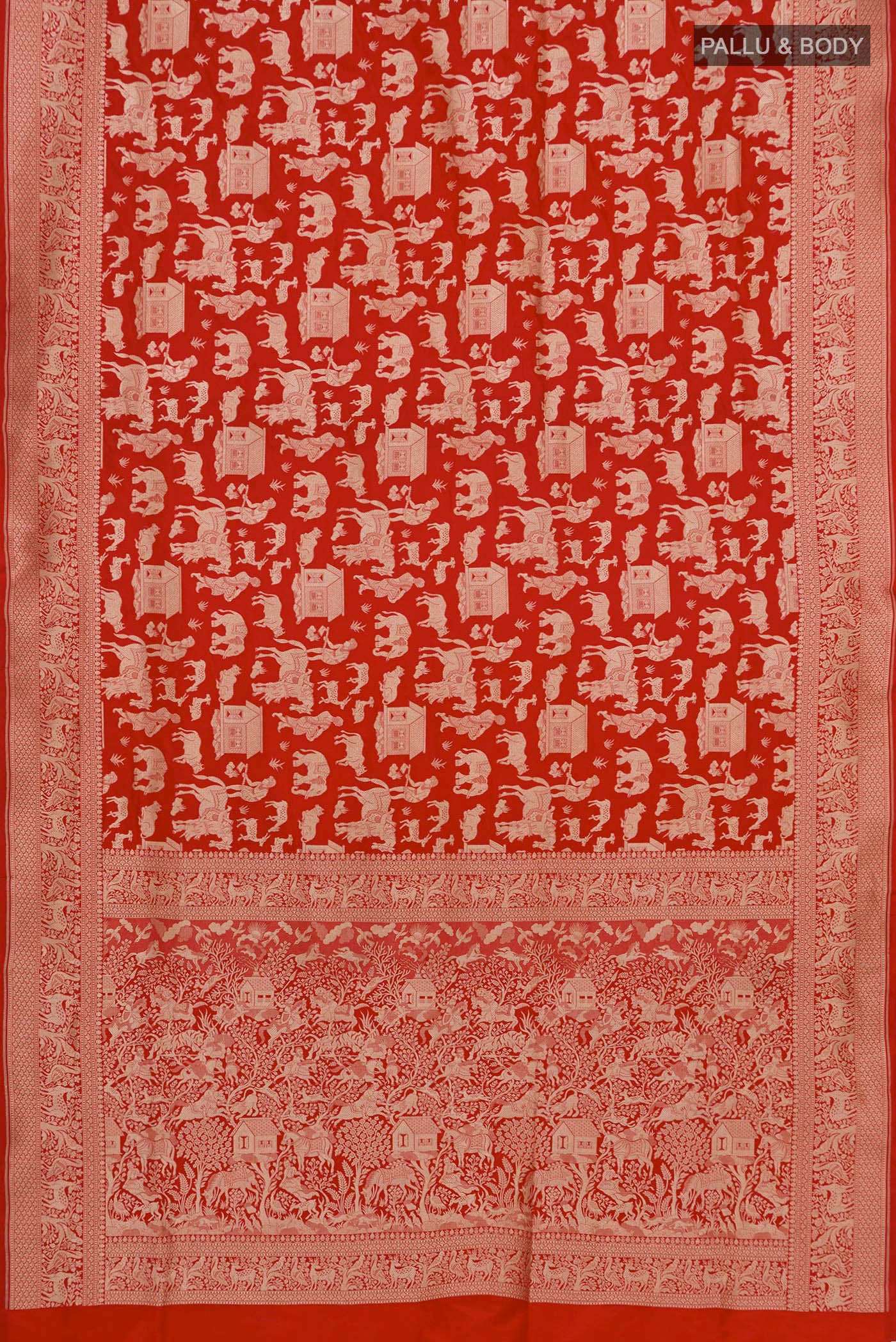 Flat view of Red Banarasi Saree with Zari Brocade on the body and Zari Border. 