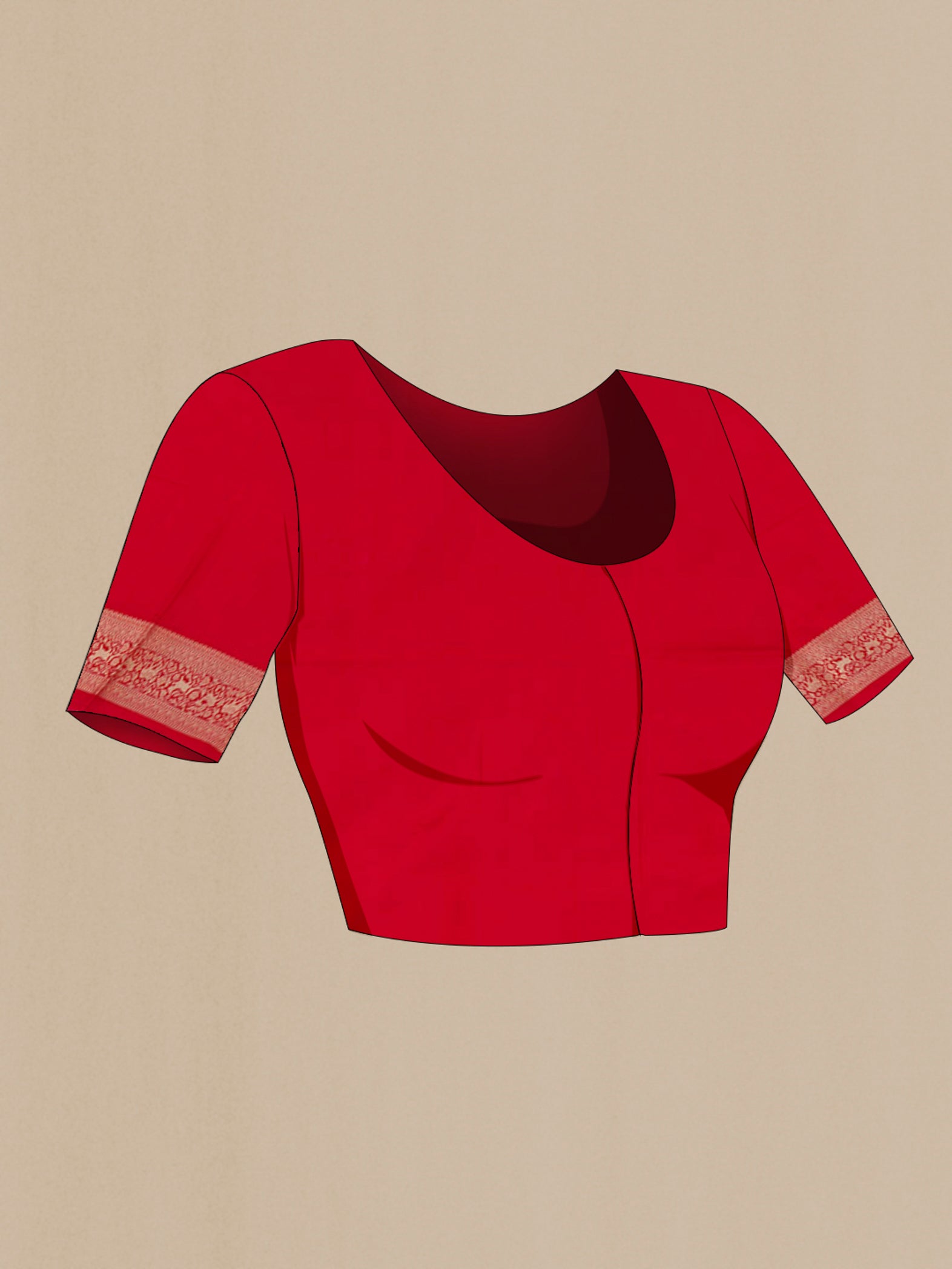 Close up image of the blouse of Red Banarasi Silk Saree with Zari Brocade on the body and Zari Border. 