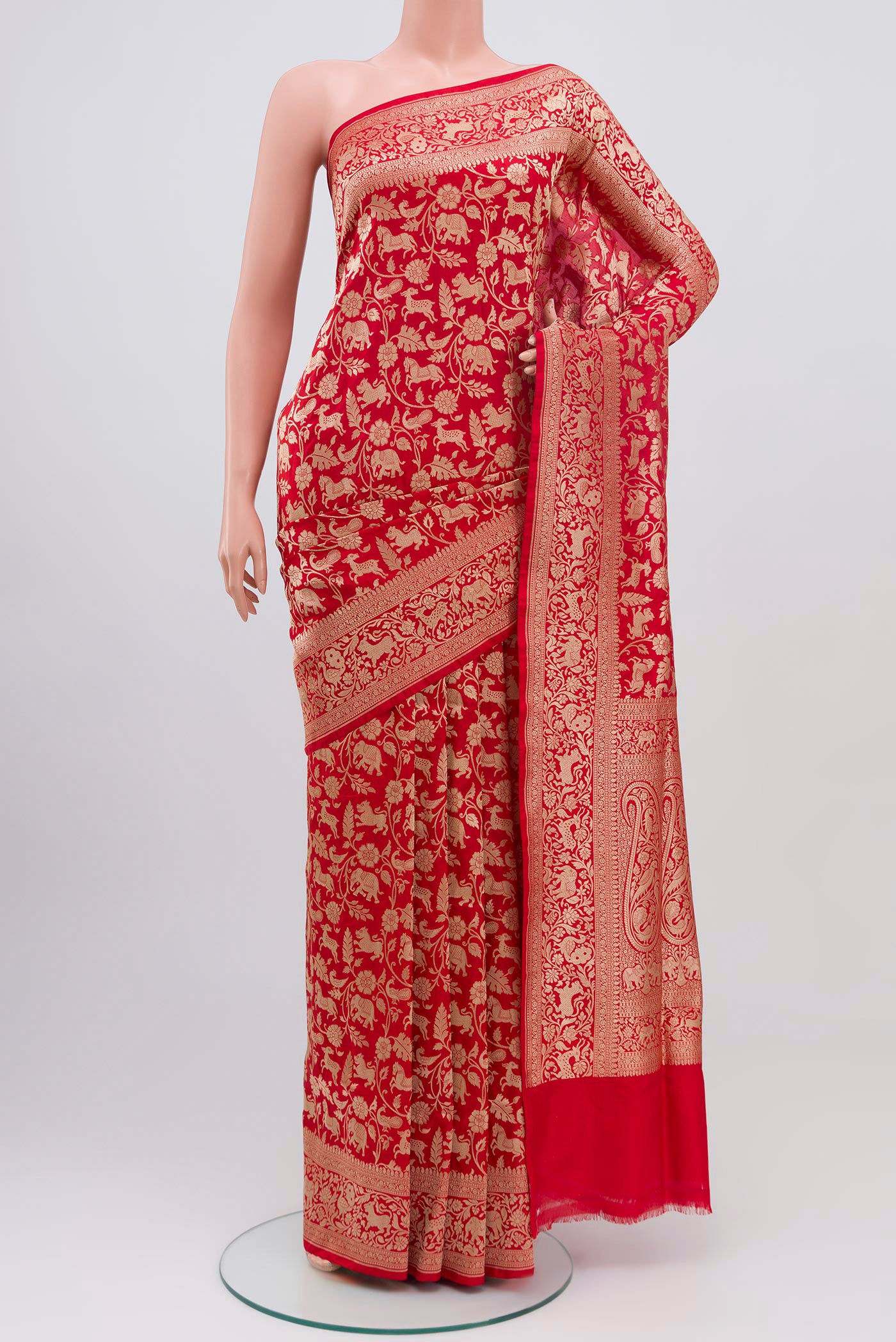 Red Banarasi Silk Saree with Zari Brocade on the body and Zari Border.  displayed on a mannequin