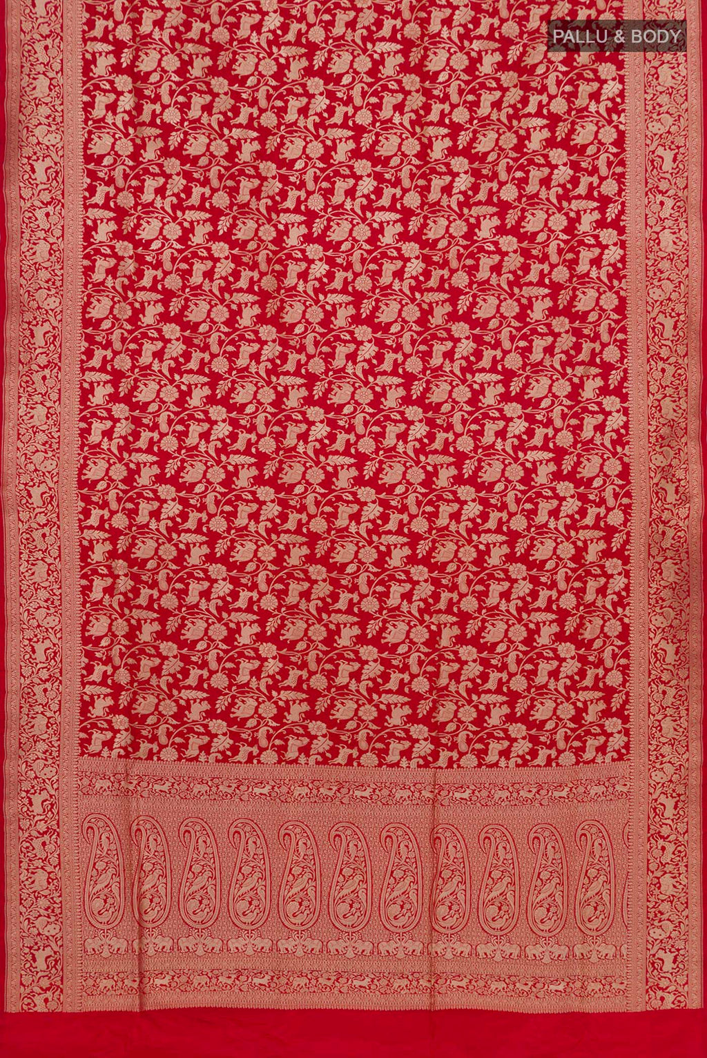 Flat view of Red Banarasi Silk Saree with Zari Brocade on the body and Zari Border. 