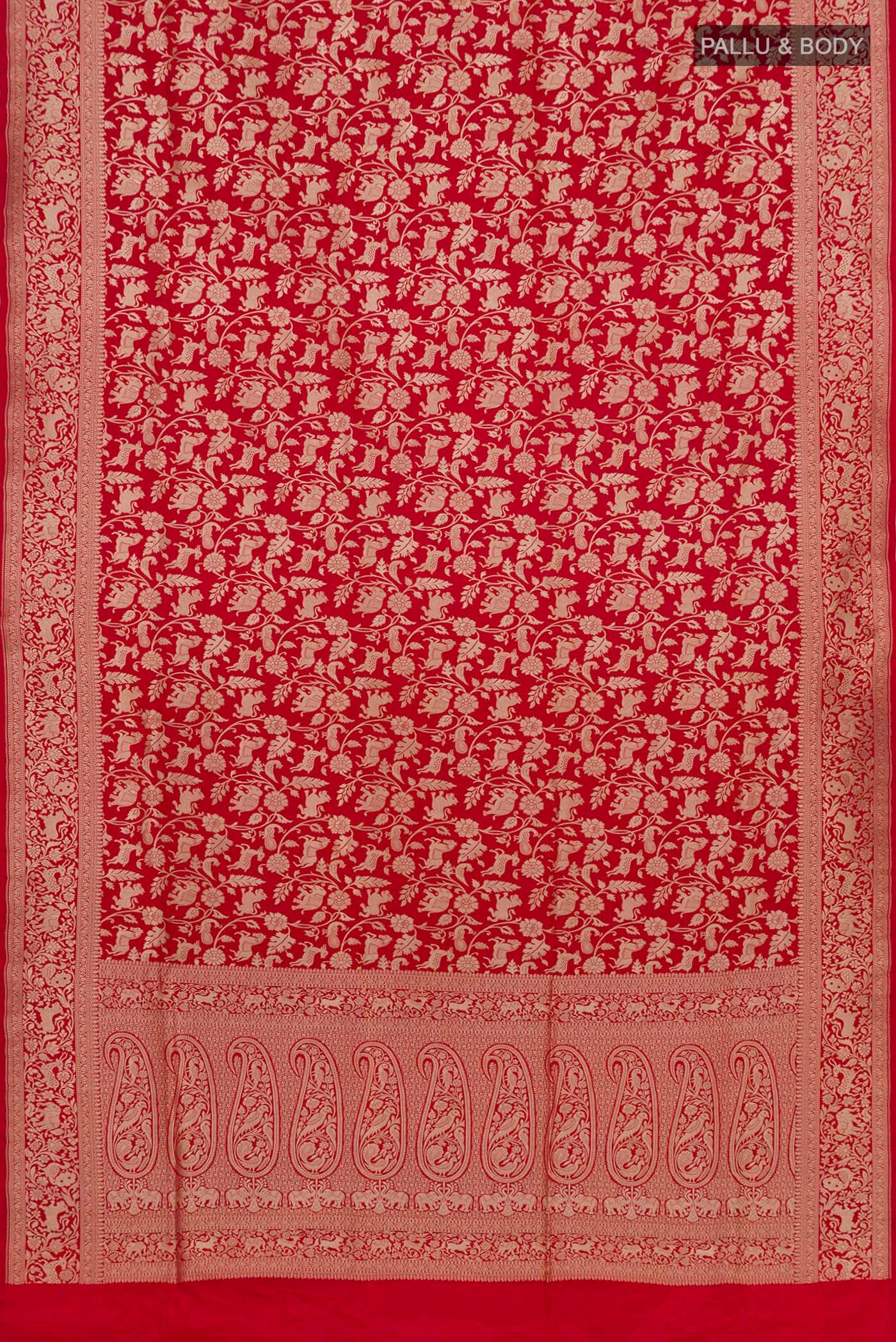 Flat view of Red Banarasi Silk Saree with Zari Brocade on the body and Zari Border. 