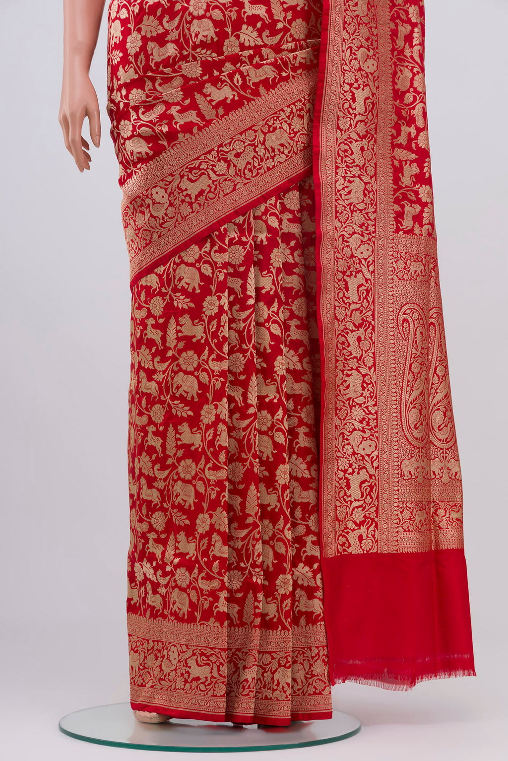 Pleats and pallu of Red Banarasi Silk Saree with Zari Brocade on the body and Zari Border. 