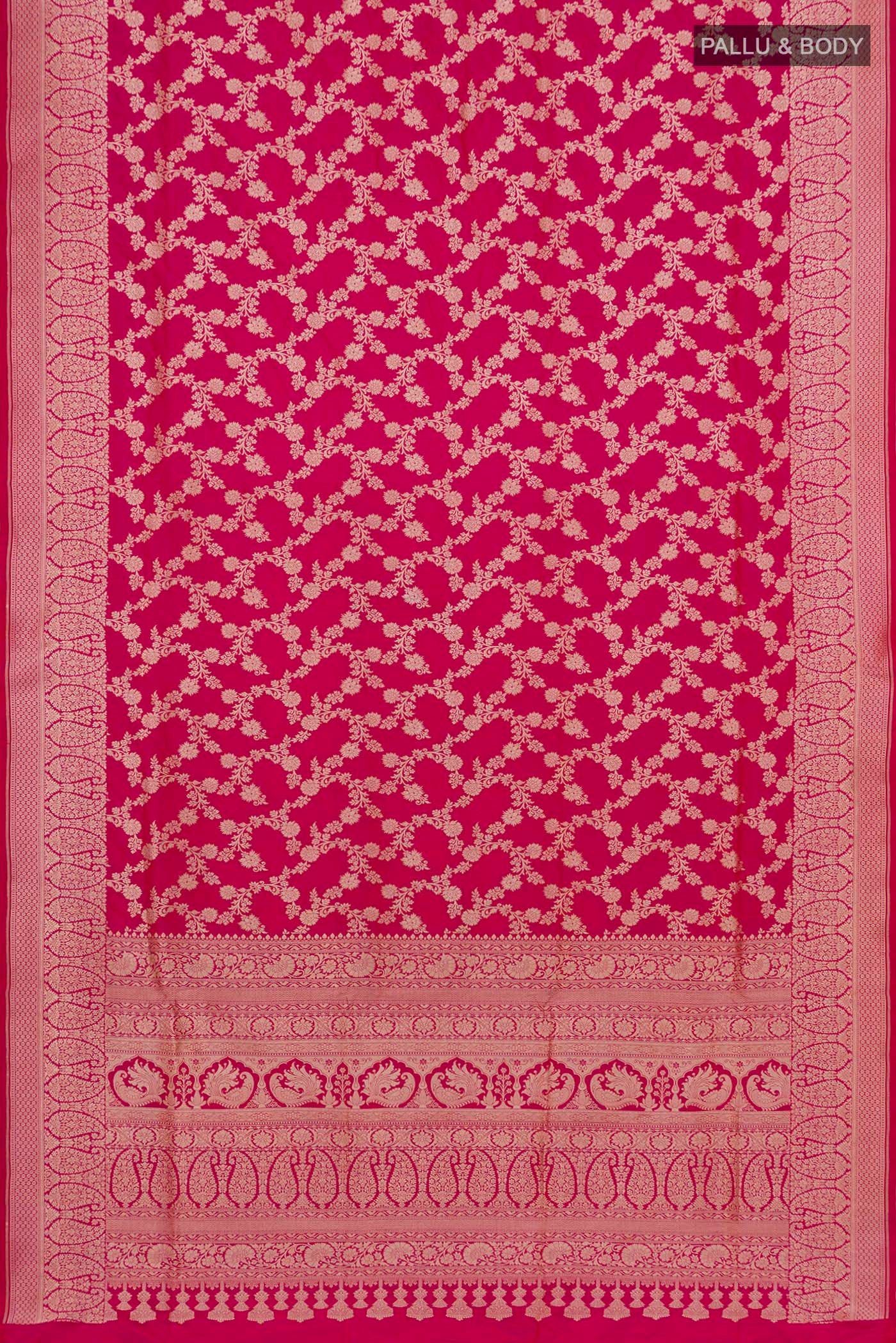 Flat view of Pink Banarasi Silk Saree with Zari Brocade on the body and Zari Border. 