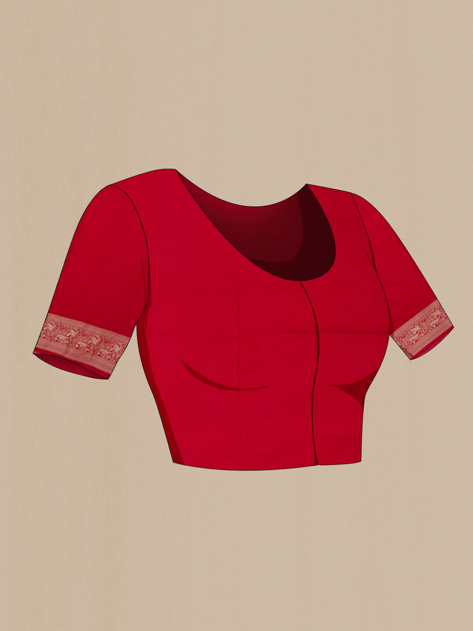 Close up image of the blouse of Red Banarasi Silk Saree with Zari Brocade on the body and Fancy Border. 