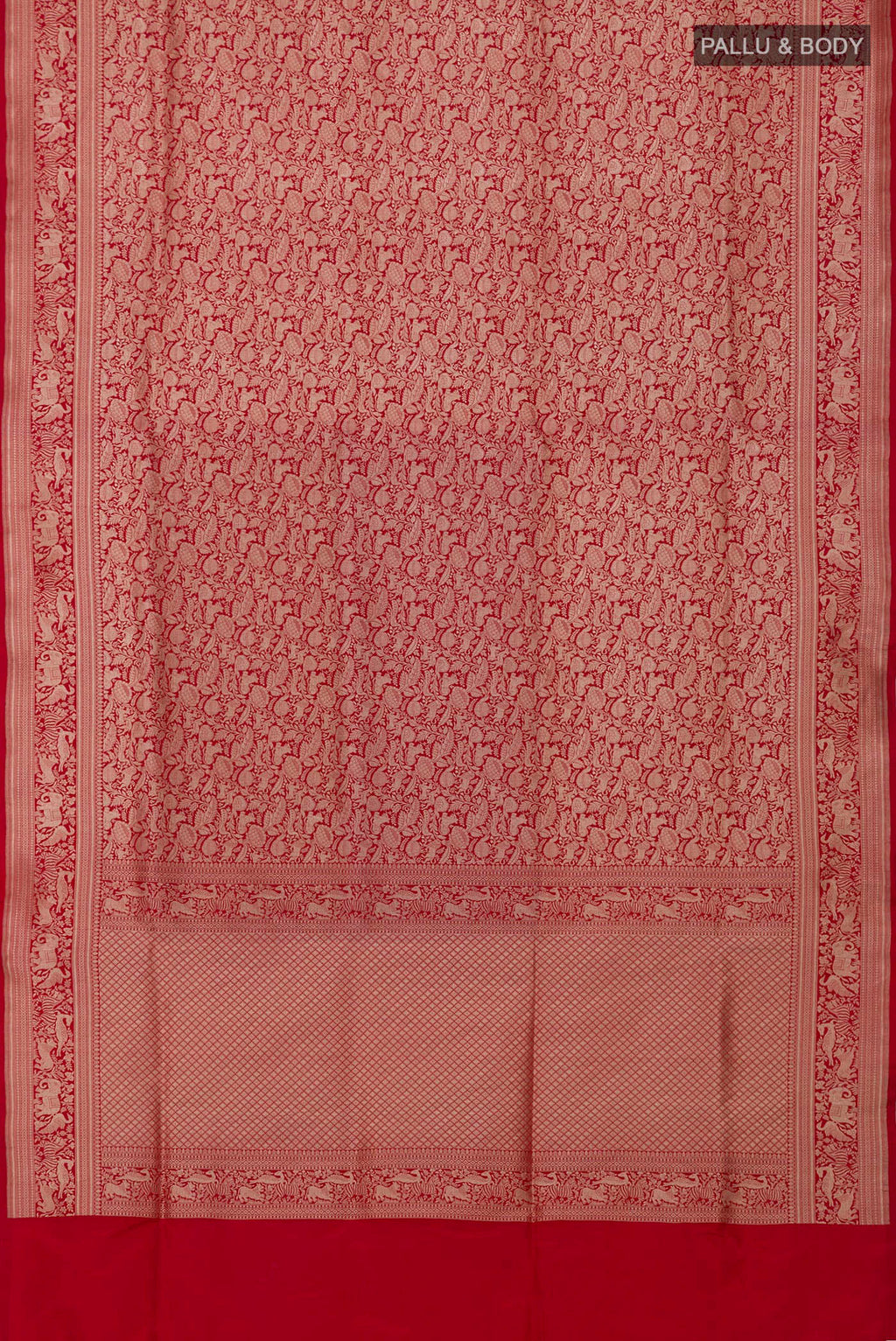 Flat view of Red Banarasi Silk Saree with Zari Brocade on the body and Fancy Border. 
