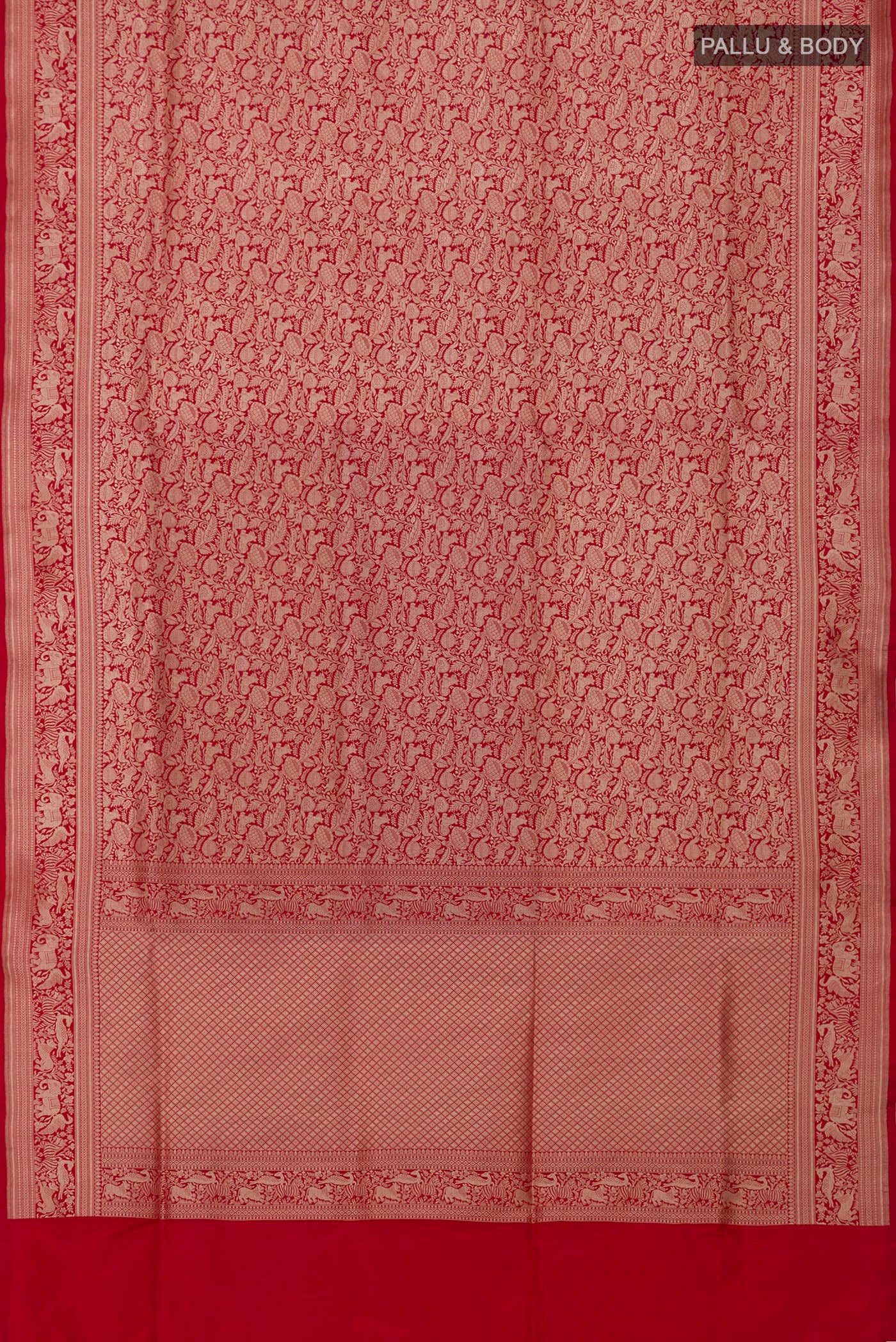 Flat view of Red Banarasi Silk Saree with Zari Brocade on the body and Fancy Border. 
