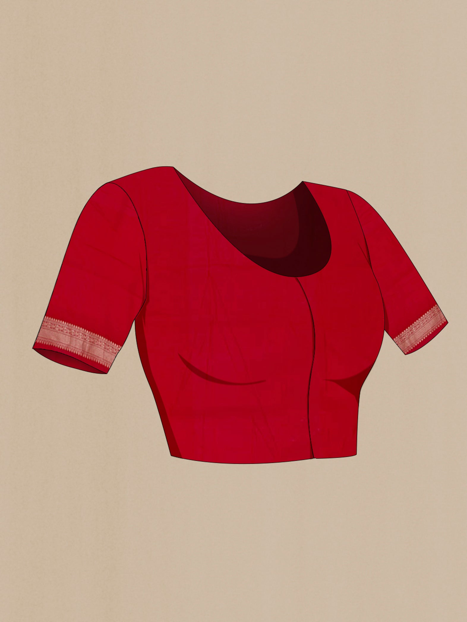 Close up image of the blouse of Red Banarasi Silk Saree with Zari Brocade on the body and Zari Border. 