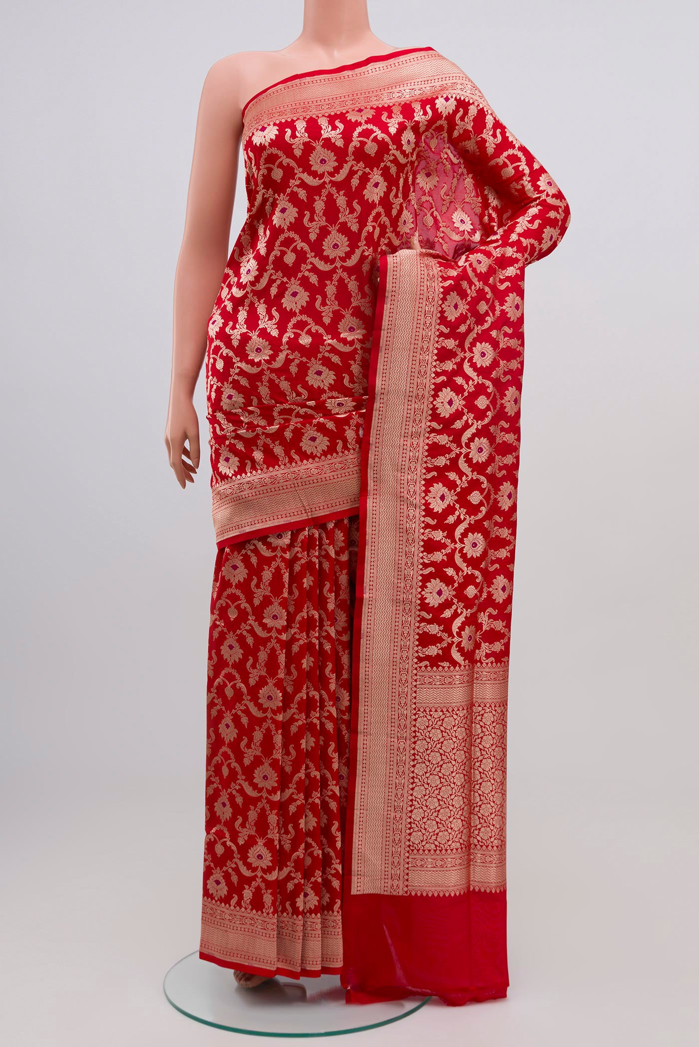 Red Banarasi Silk Saree with Zari Brocade on the body and Zari Border.  displayed on a mannequin