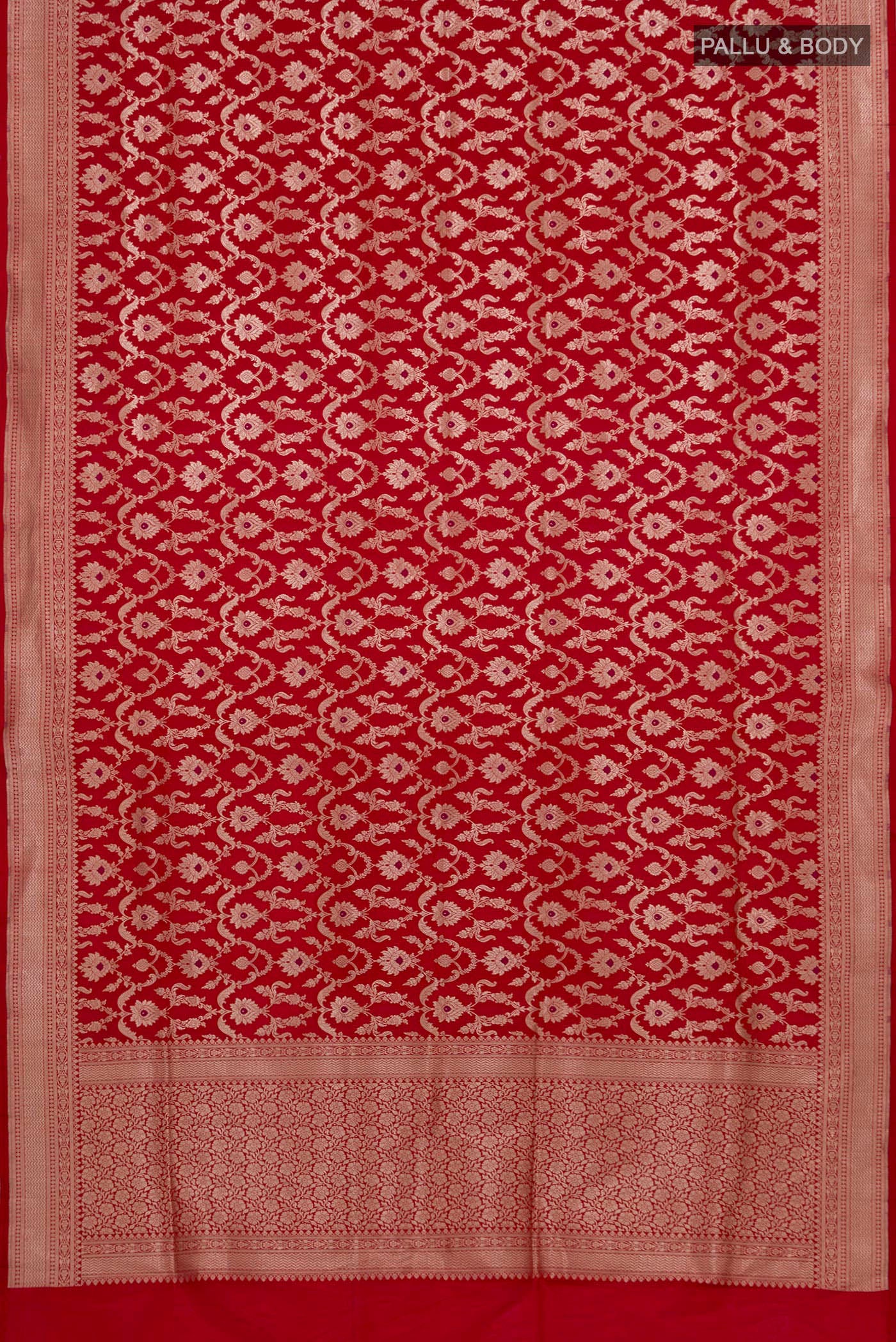 Flat view of Red Banarasi Silk Saree with Zari Brocade on the body and Zari Border. 