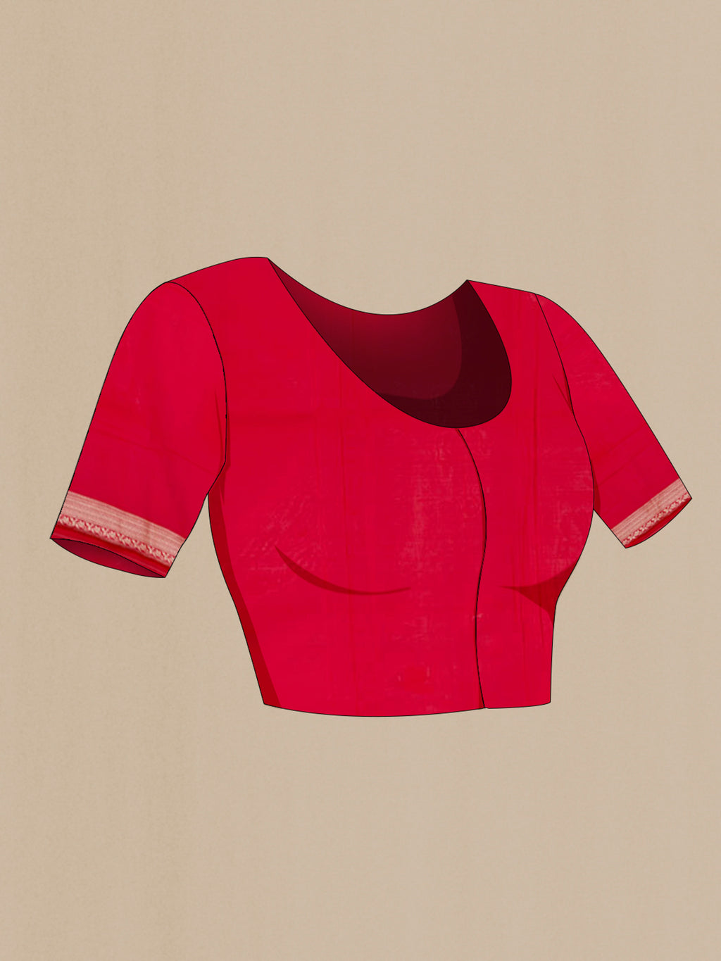 Close up image of the blouse of Red Banarasi Saree with Zari Brocade on the body and Zari Border. 