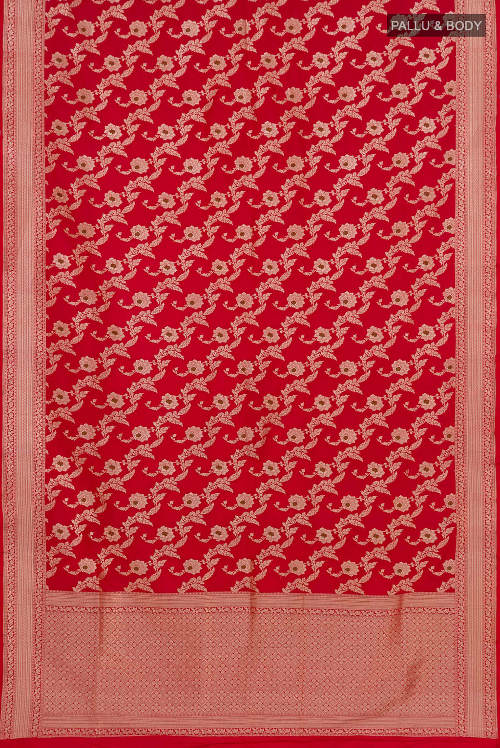 Flat view of Red Banarasi Saree with Zari Brocade on the body and Zari Border. 
