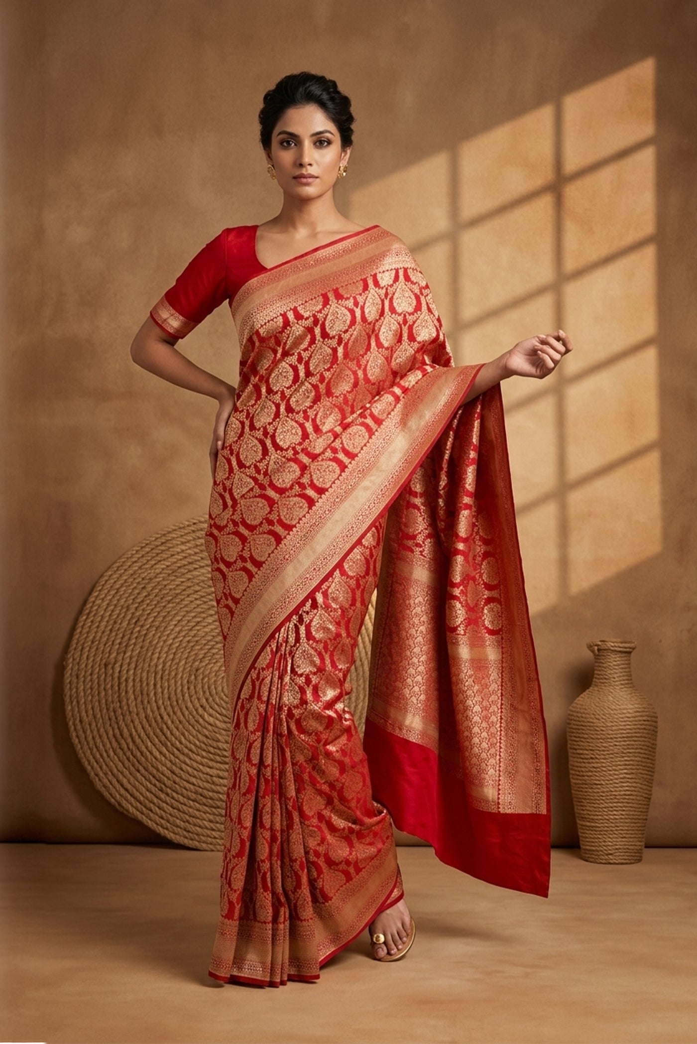 Model wearing a Red Banarasi Silk Saree with Zari Brocade on the body and Zari Border.
