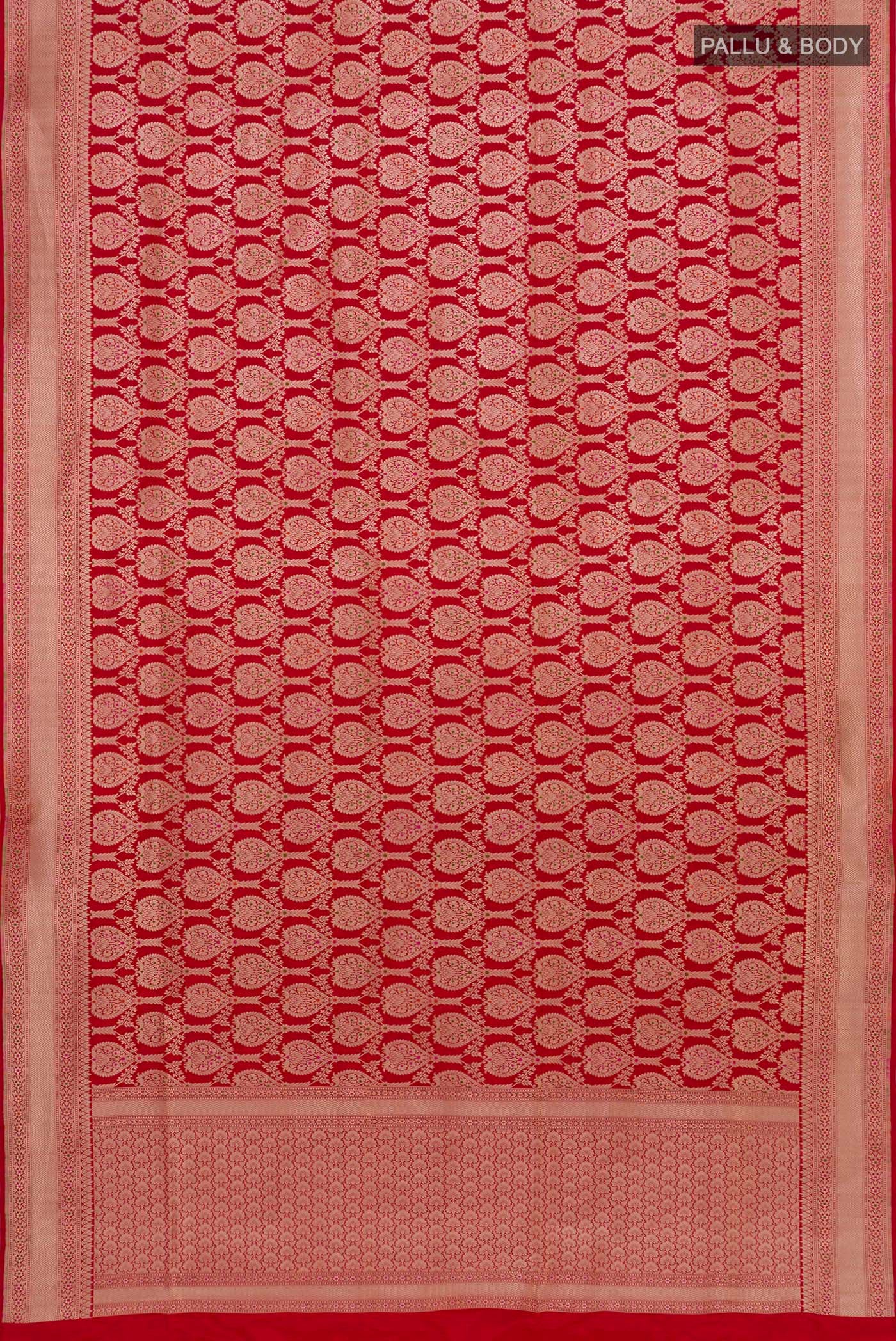 Flat view of Red Banarasi Saree with Zari Brocade on the body and Zari Border. 
