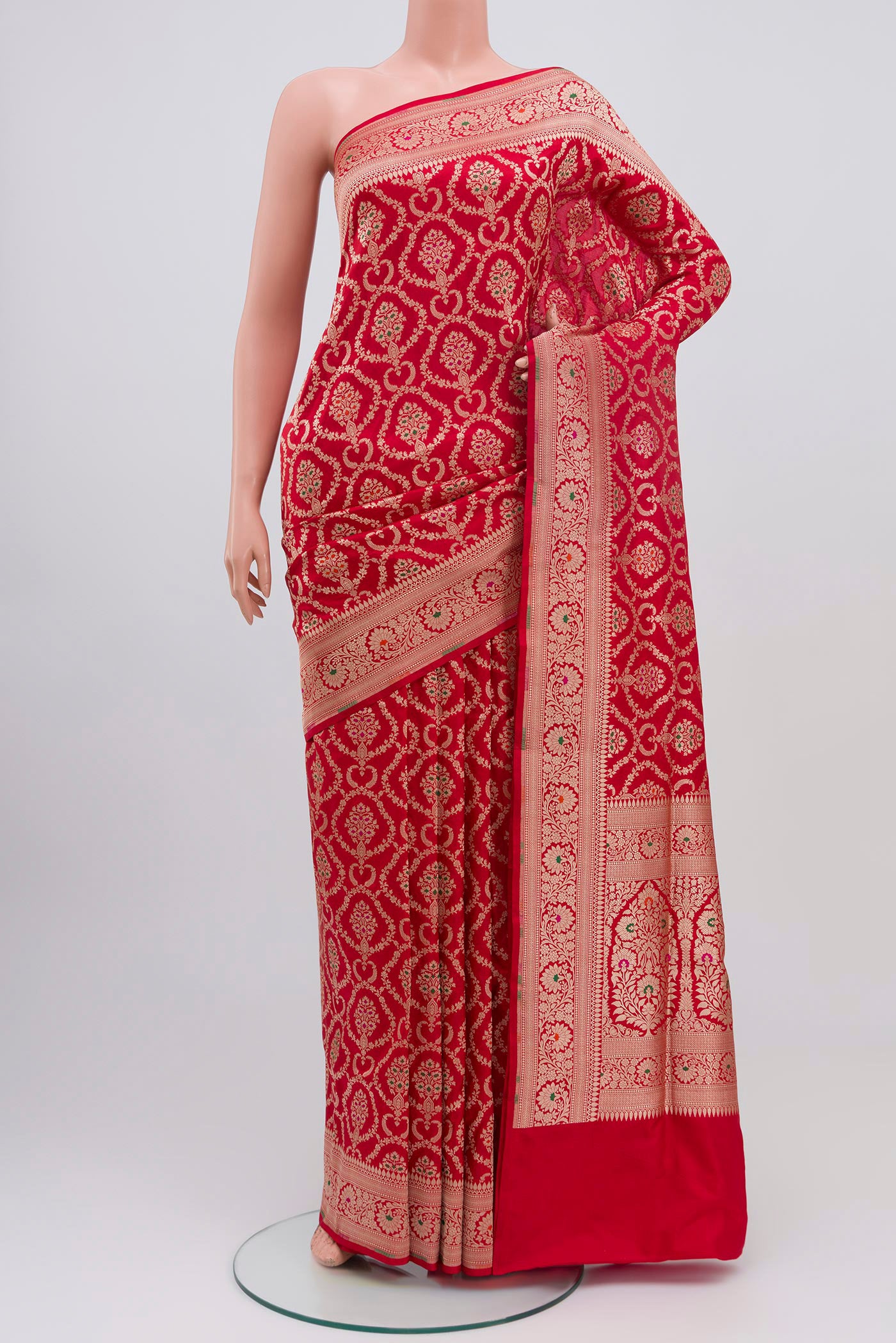 Red Banarasi Silk Saree with Zari Brocade on the body and Zari Border.  displayed on a mannequin