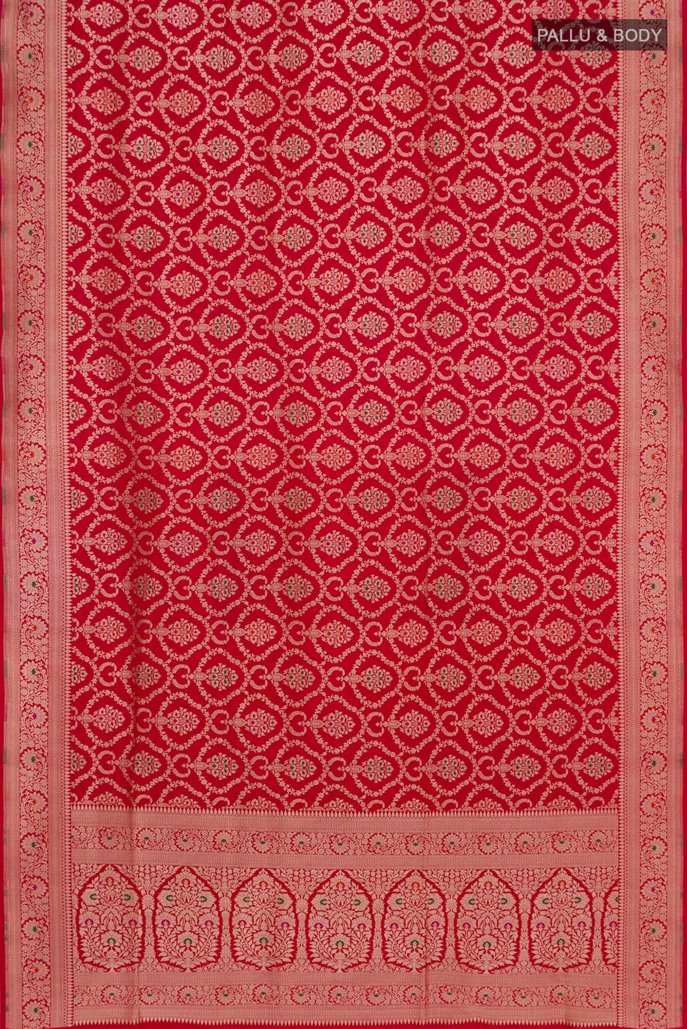 Flat view of Red Banarasi Silk Saree with Zari Brocade on the body and Zari Border. 