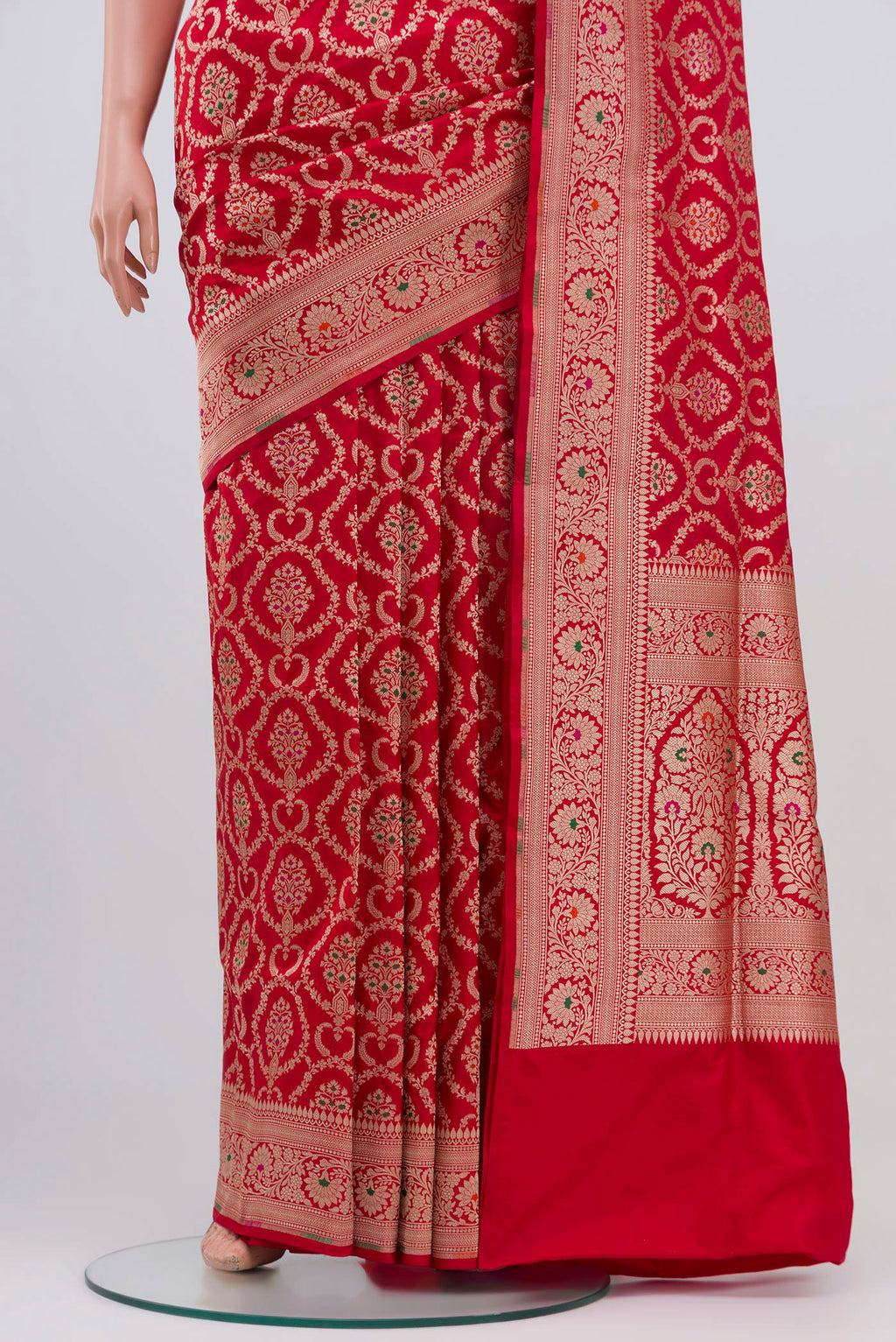 Pleats and pallu of Red Banarasi Silk Saree with Zari Brocade on the body and Zari Border. 