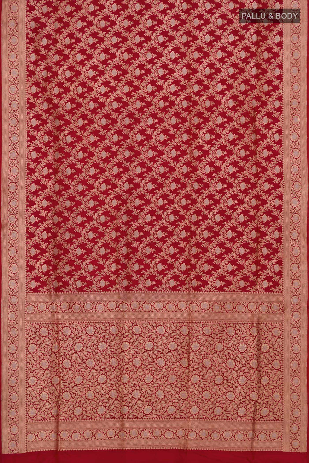Flat view of Red Banarasi Silk Saree with Zari Brocade on the body and Zari Border. 