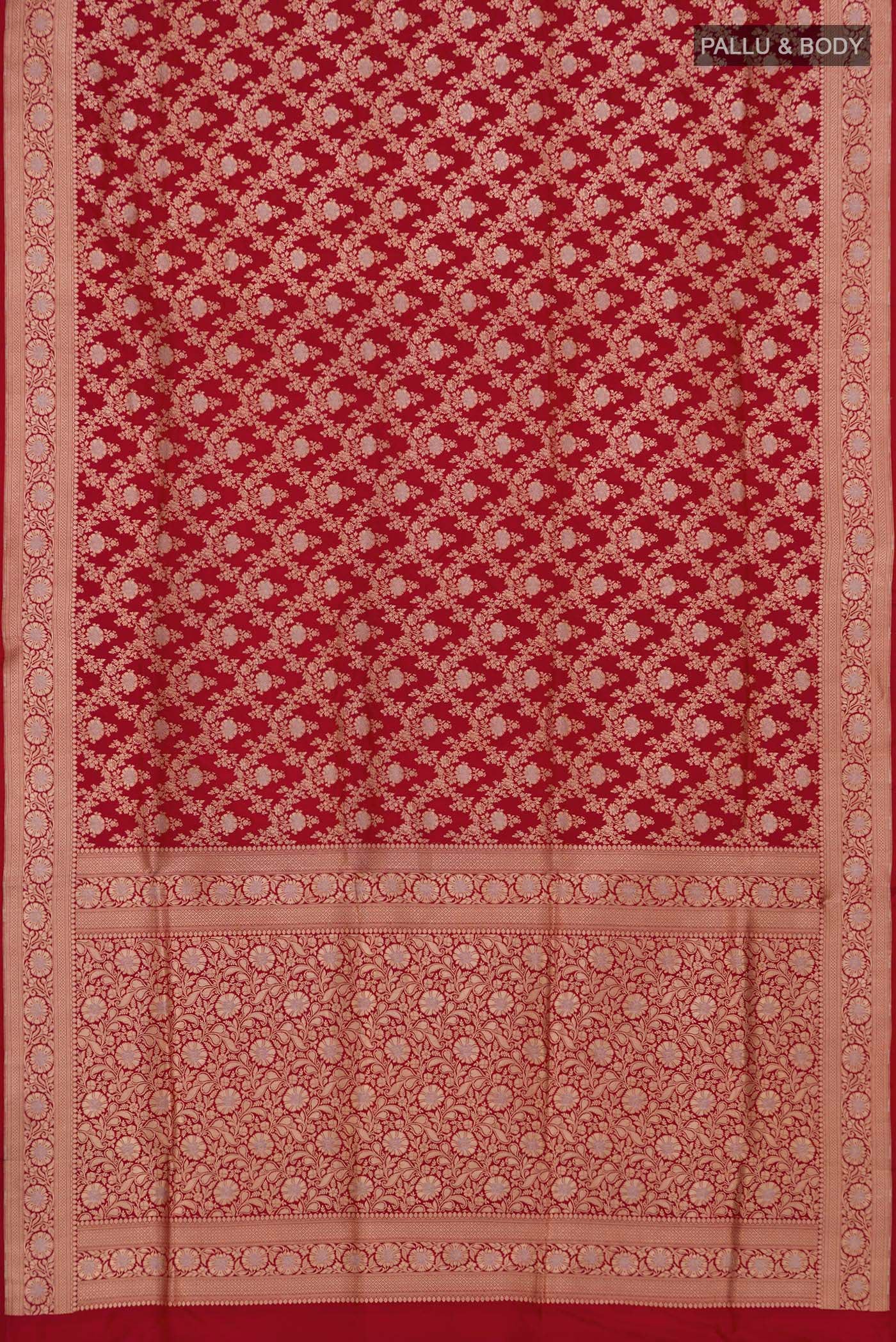 Flat view of Red Banarasi Silk Saree with Zari Brocade on the body and Zari Border. 