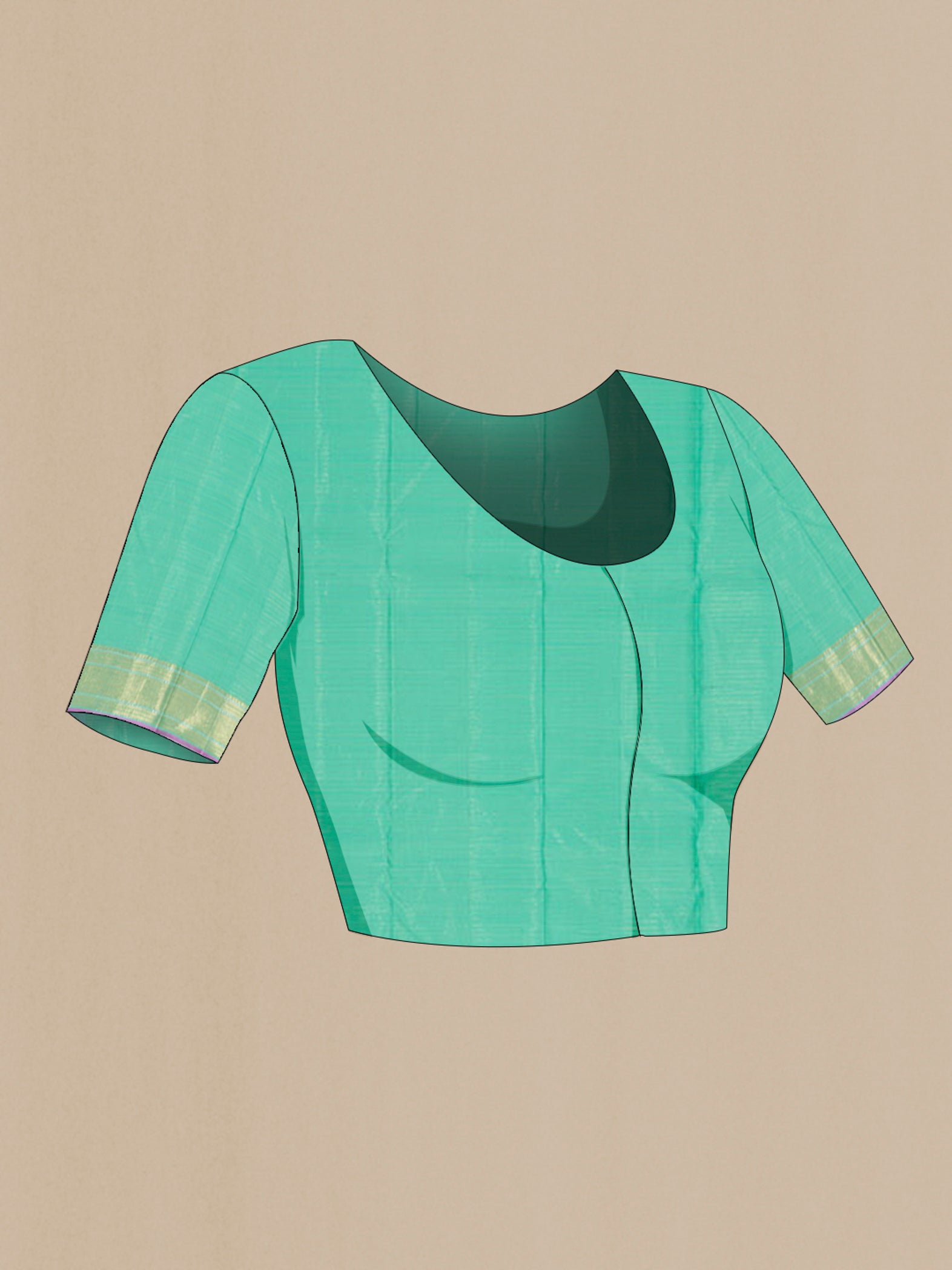 Close up image of the blouse of Green Kanjivaram Saree with Zari Butta on the body and Zari Border. 