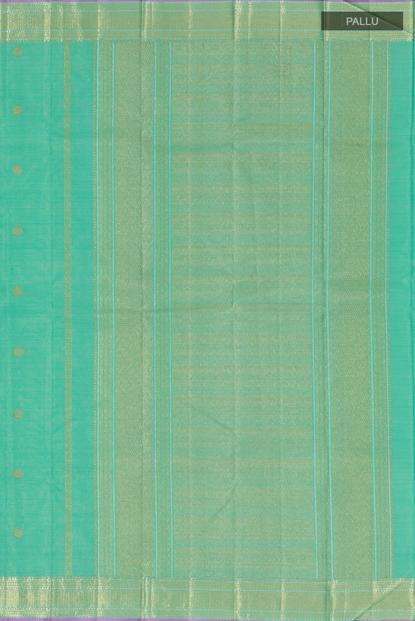 Close up image of the pallu of Green Kanjivaram Saree with Zari Butta on the body and Zari Border. 