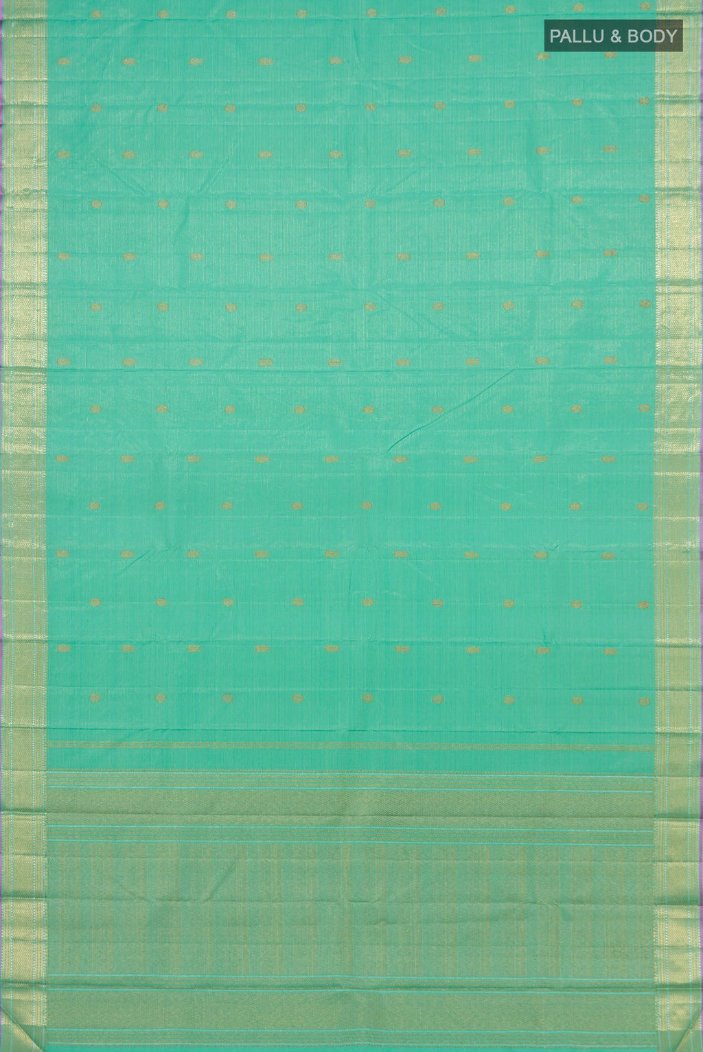 Flat view of Green Kanjivaram Saree with Zari Butta on the body and Zari Border. 