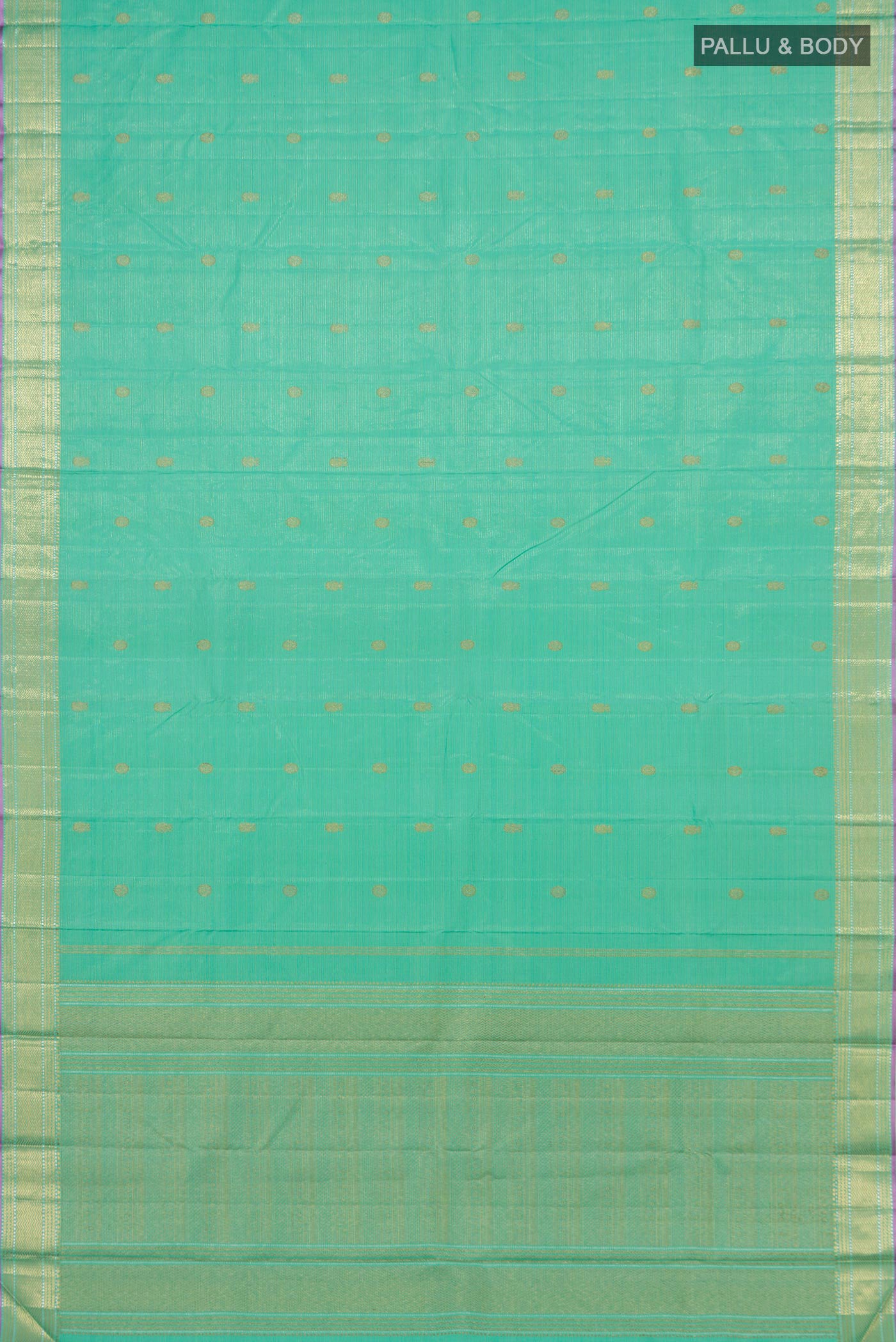 Flat view of Green Kanjivaram Saree with Zari Butta on the body and Zari Border. 