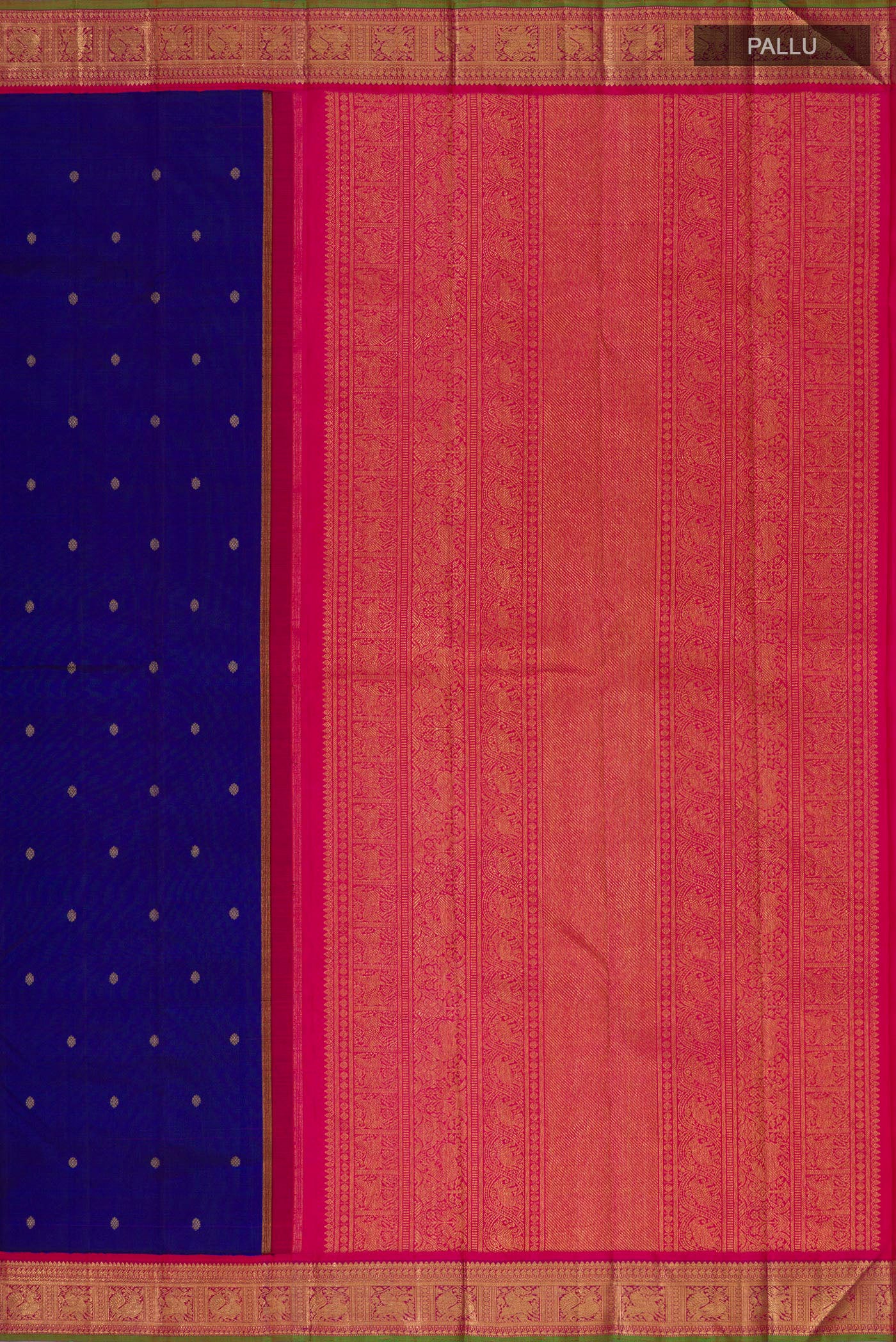 Close up image of the pallu of Pure Silk Pure Zari Blue Kanjivaram Saree with Zari Butta on the body and Zari Border. 