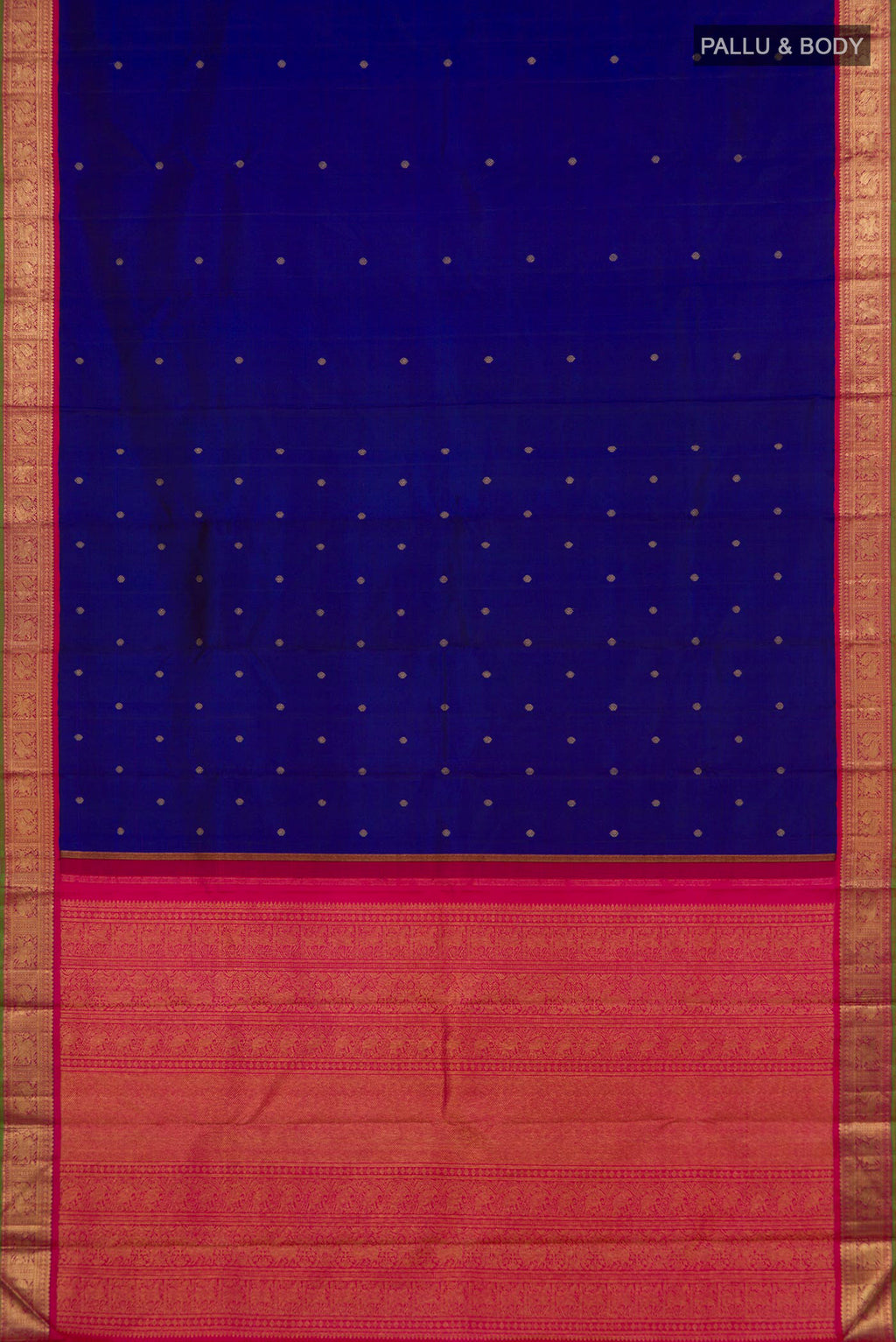 Flat view of Pure Silk Pure Zari Blue Kanjivaram Saree with Zari Butta on the body and Zari Border. 