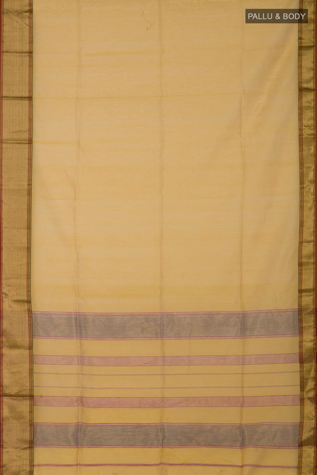 Flat view of Lemon Yellow Maheshwari Silk Cotton Saree with Plain Body and Zari Border. 