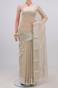 White Maheshwari Silk Cotton Saree with Checked design on the body and Zari Border.  displayed on a mannequin