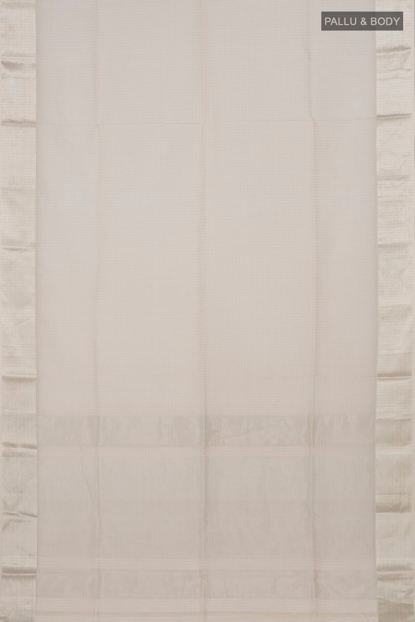 Flat view of White Maheshwari Silk Cotton Saree with Checked design on the body and Zari Border. 