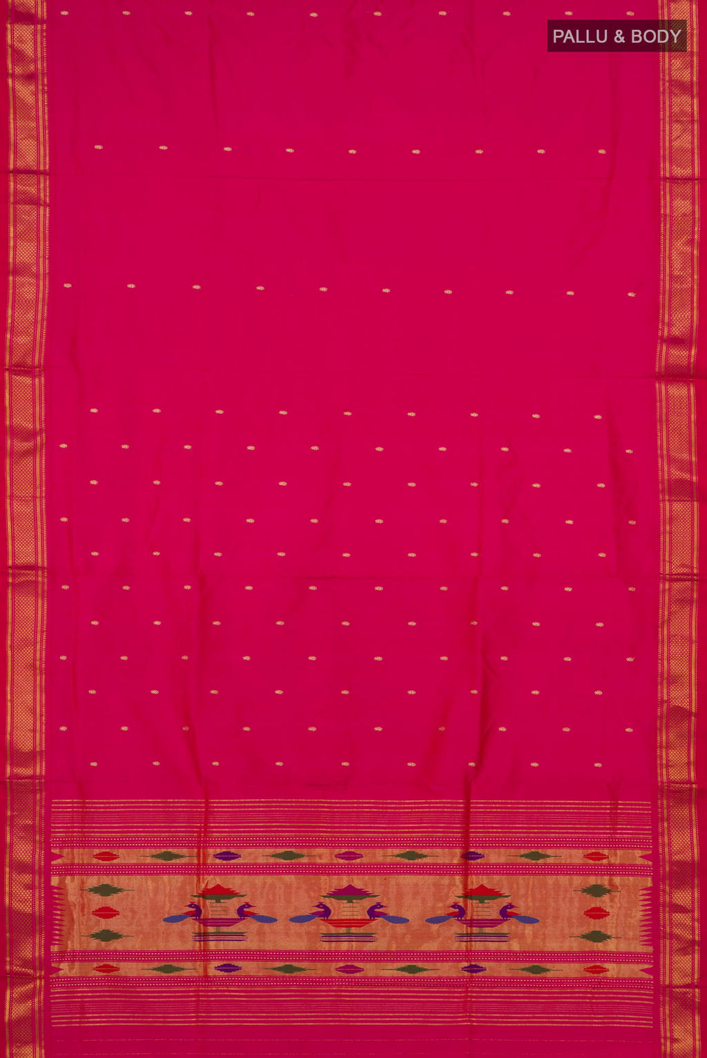 Flat view of Pure Silk Pink Paithani Saree with Zari Butta on the body and Zari Border. 