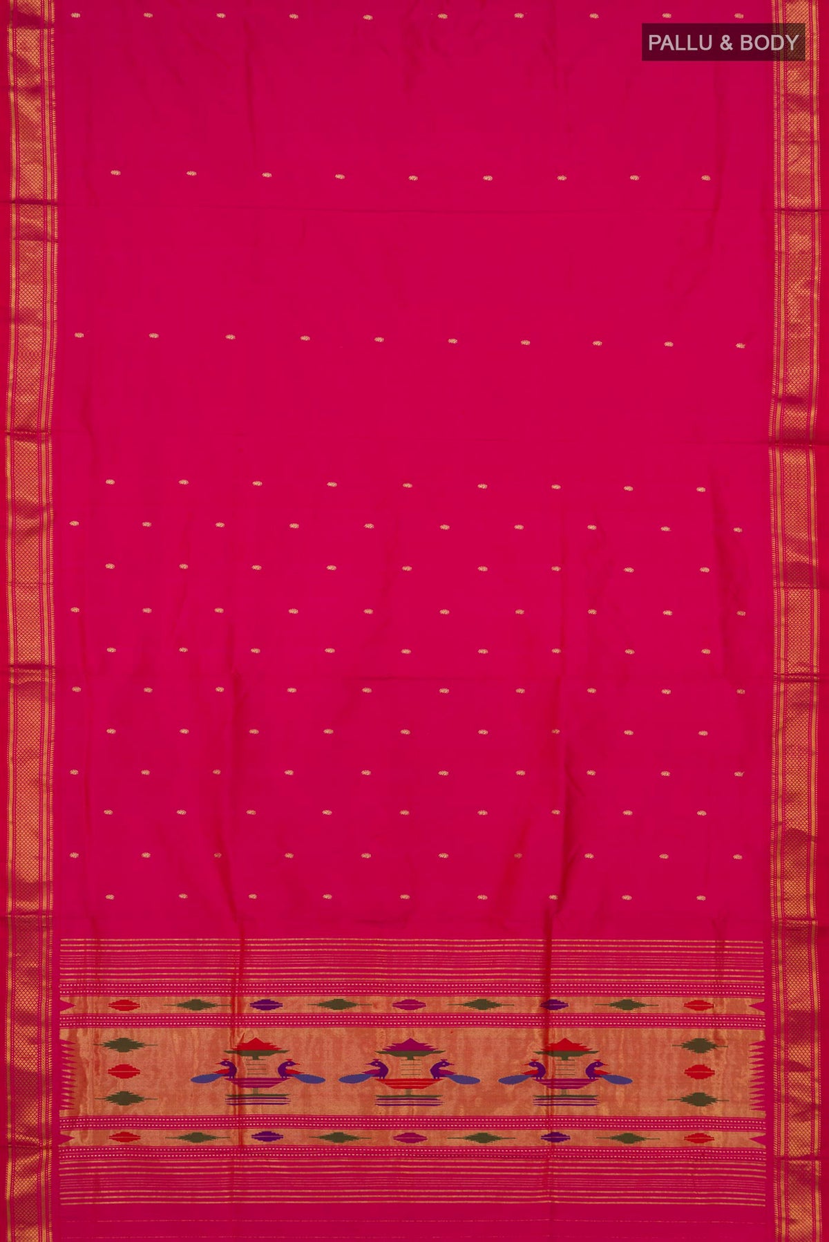 Flat view of Pure Silk Pink Paithani Saree with Zari Butta on the body and Zari Border. 